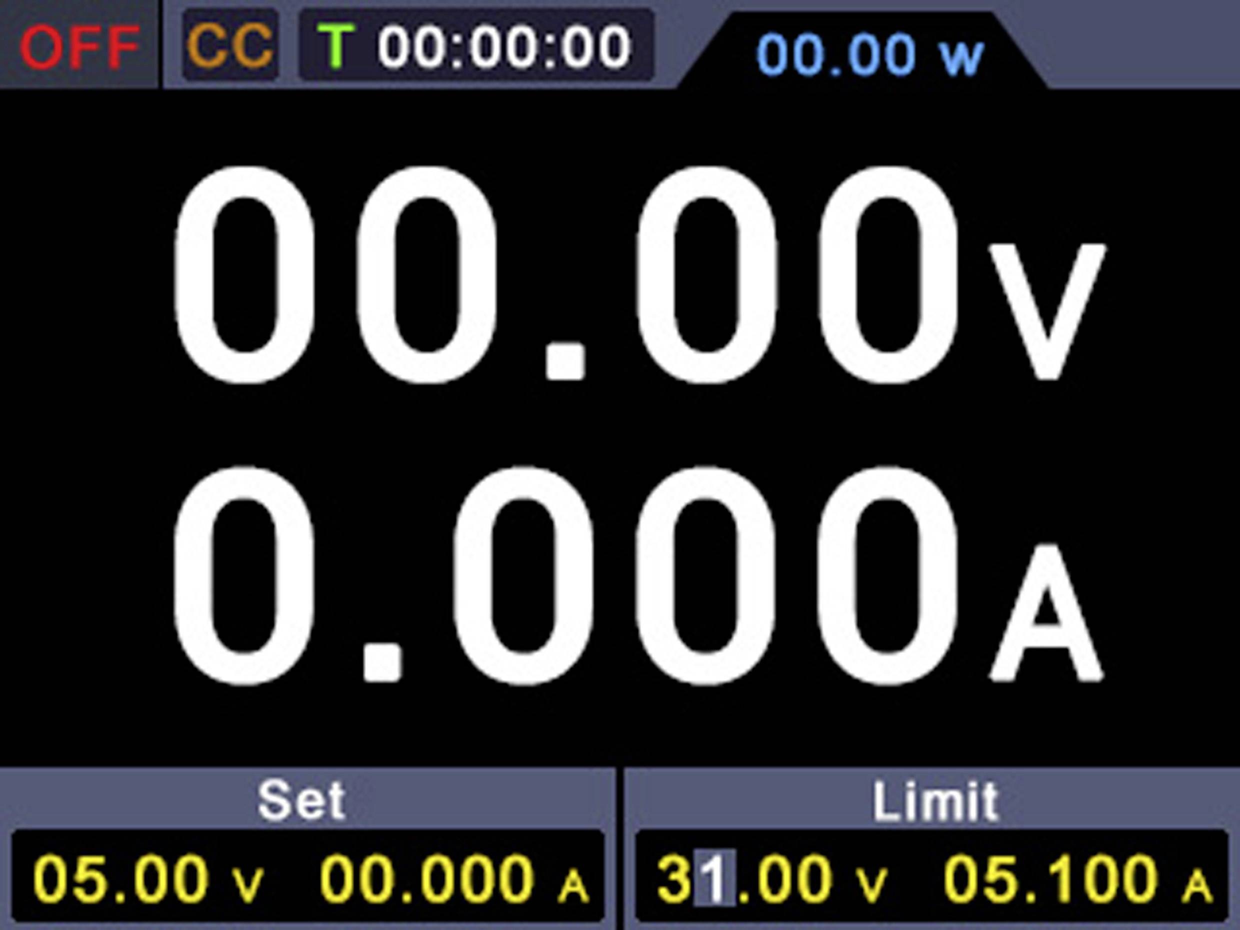 Digitální displej zobrazuje napětí '00.00V' a proudy '0.000A'. Nastavení: 05.00V, 00.000A. Omezení: 31.00V, 05.100A.