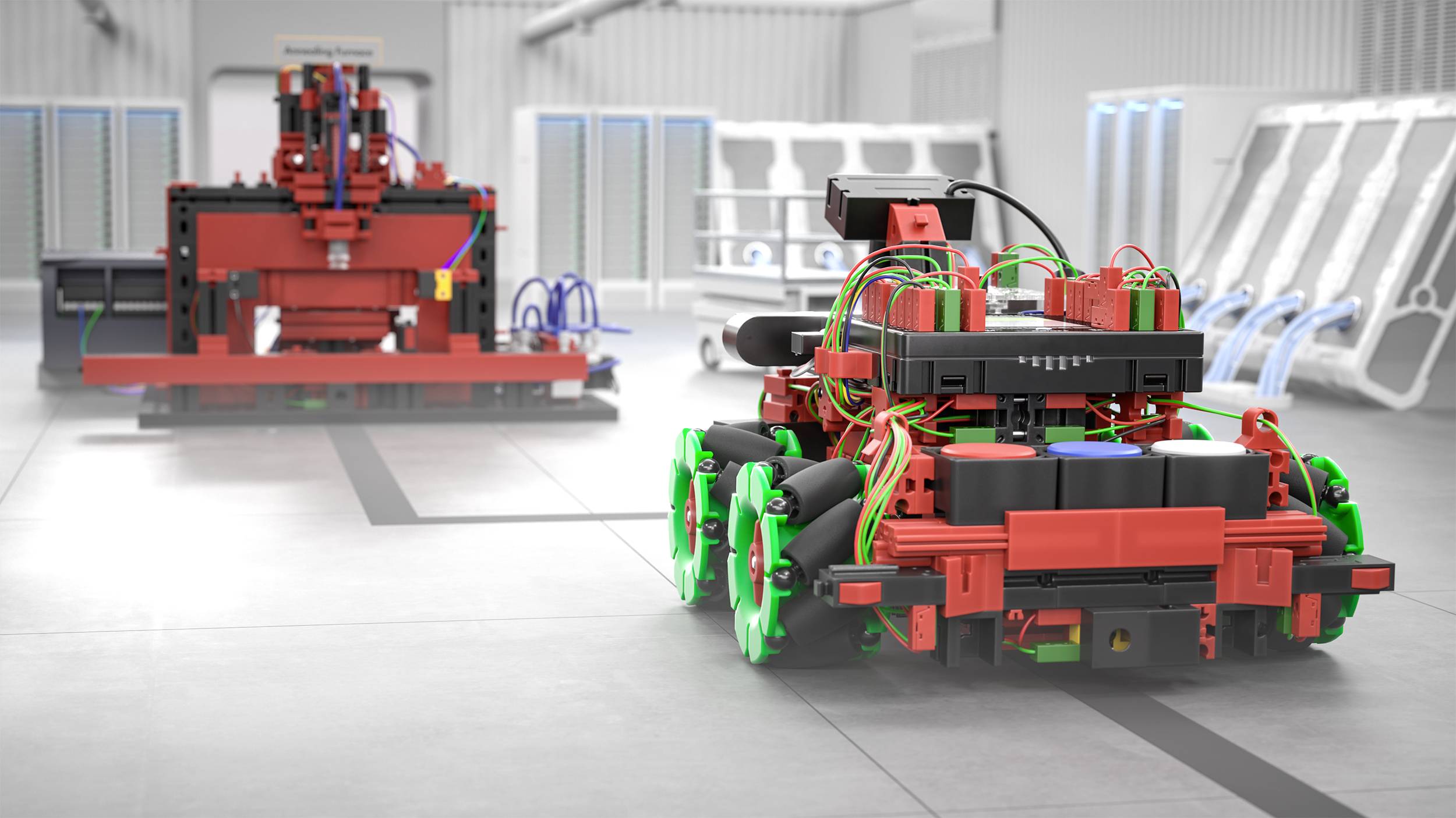 Červený autonomní robot se pohybuje v moderním továrním prostředí. V pozadí se nachází velký červený stroj.