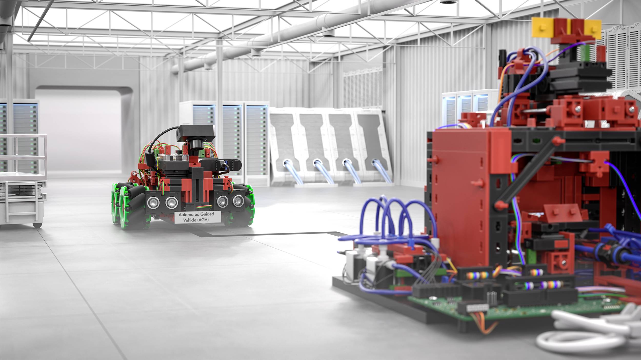 Malý autonomní robot se pohybuje v moderním prostředí továrny. V pozadí jsou viditelné stroje a technické vybavení.