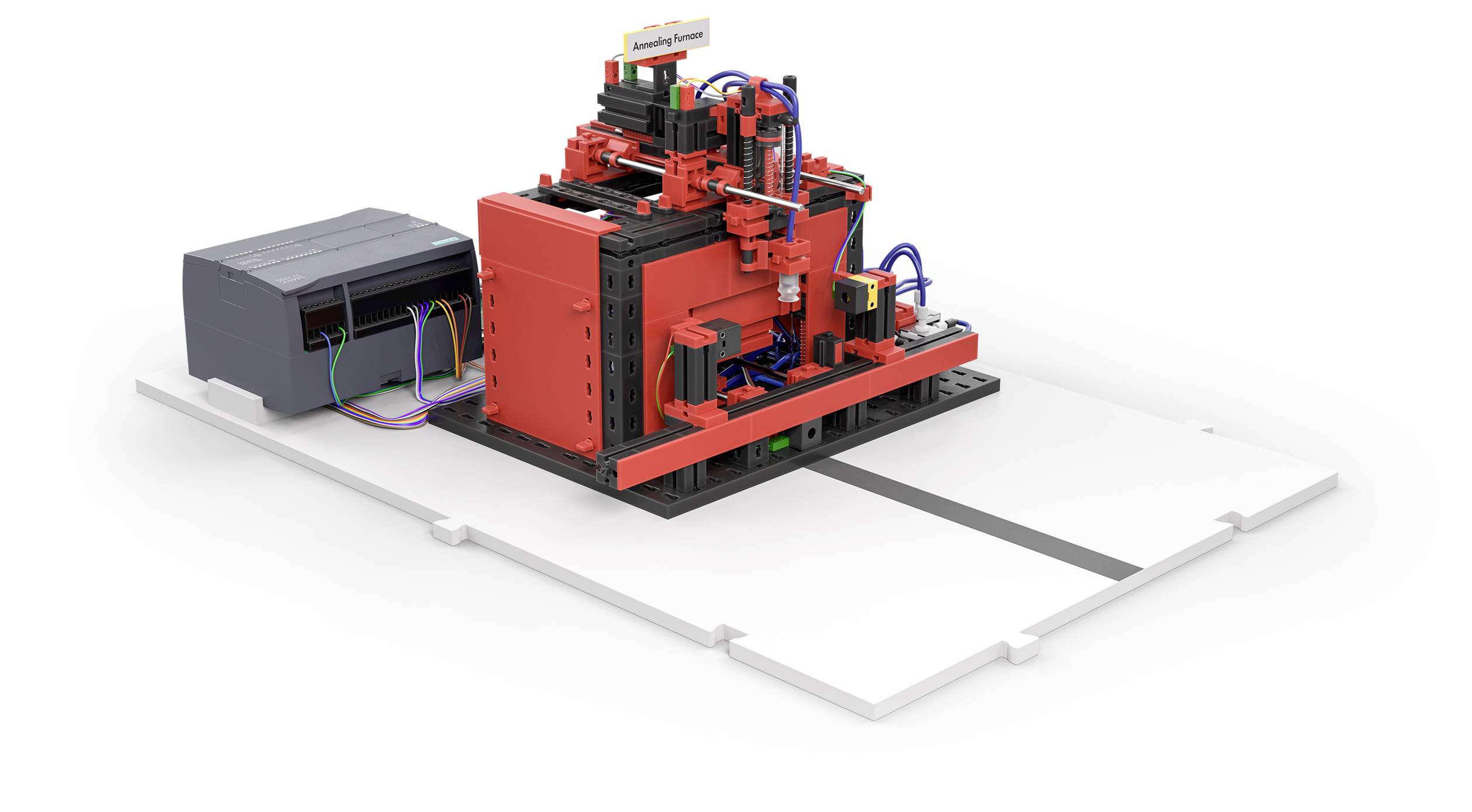 Červený robot na bílé platformě, připojený k šedé krabici. Robot má mnoho kabelů a mechanických součástí.