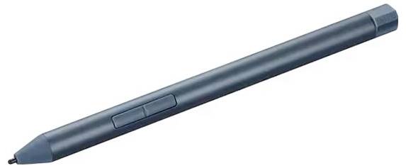 Tmavě šedý stylus se dvěma tlačítky umístěnými diagonálně na straně, zobrazený na bílém pozadí. Vhodný pro dotykové obrazovky.
