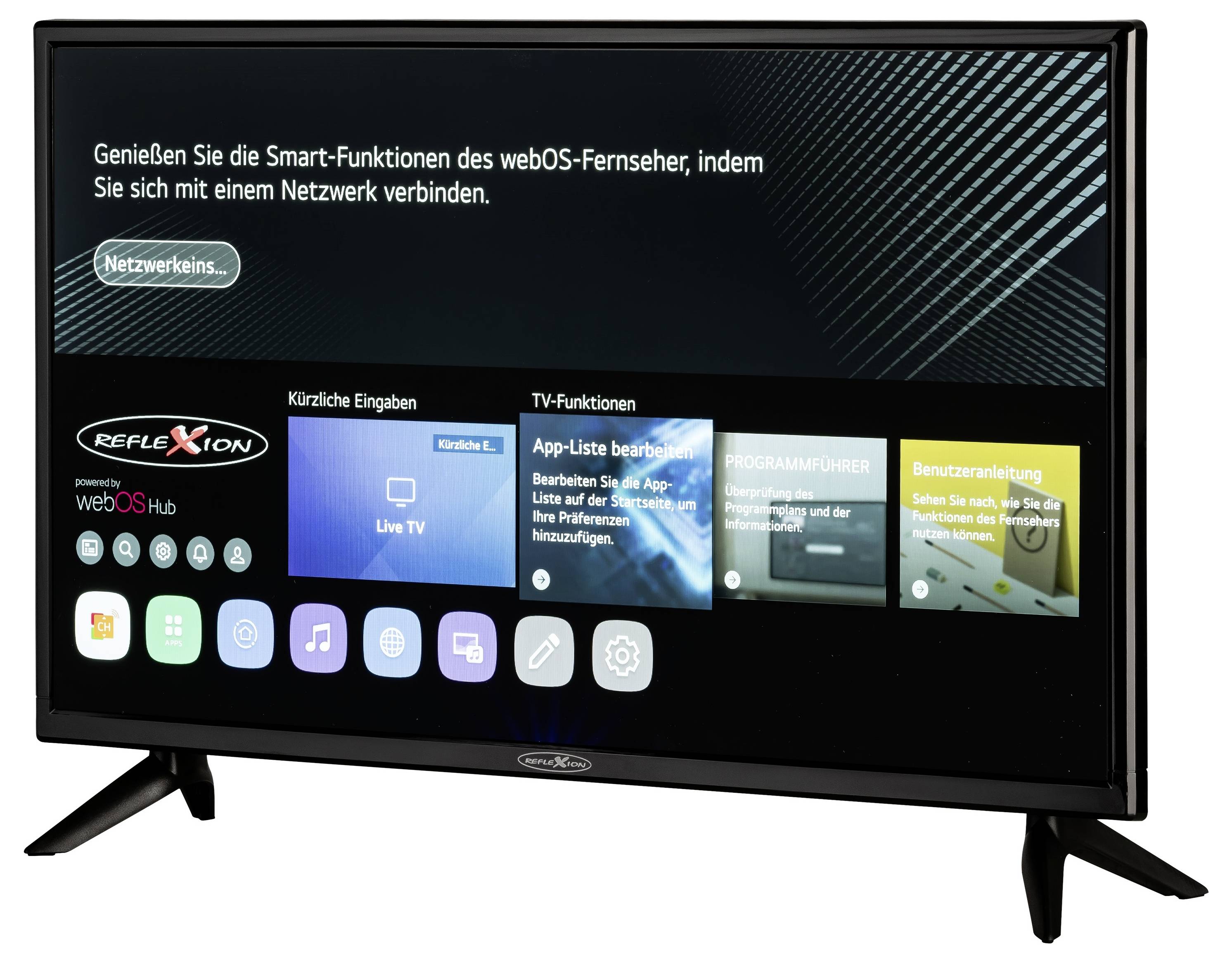Moderní televizor zobrazující své rozhraní v němčině, s možnostmi připojení k síti, živého vysílání, úpravy aplikací a nastavení.