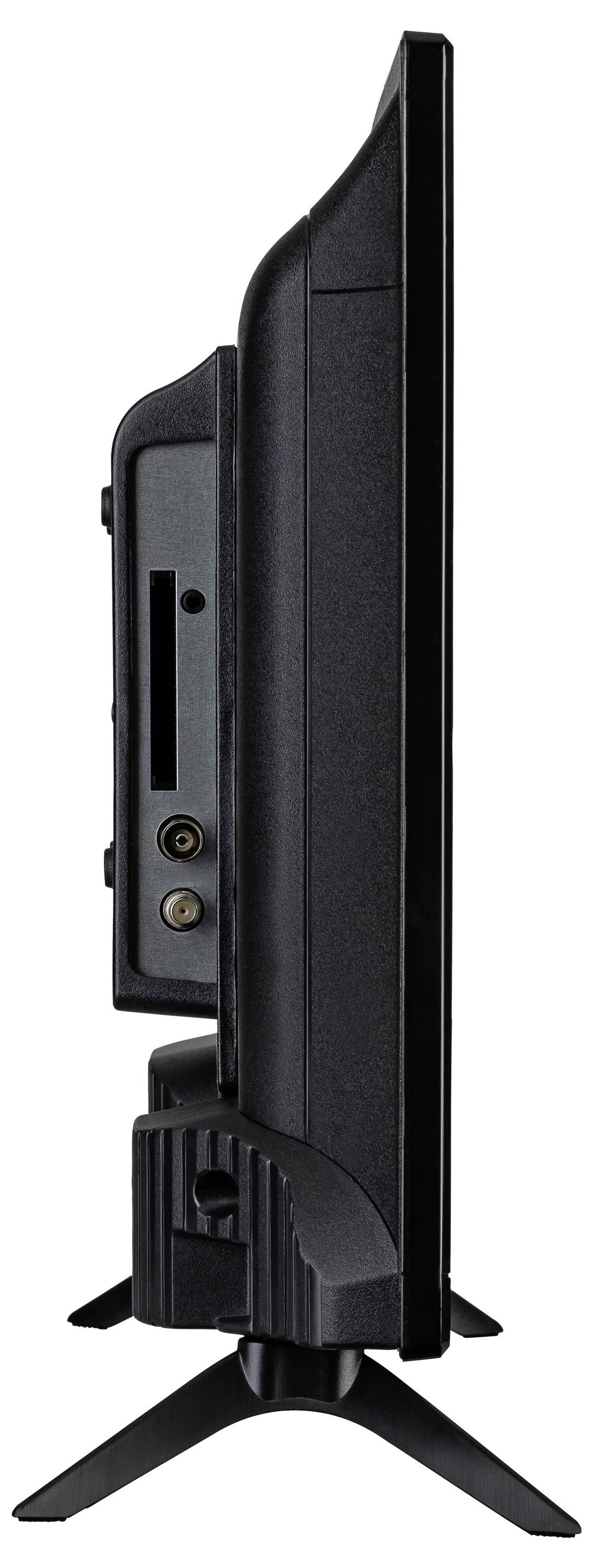 Boční pohled na štíhlý černý televizní displej s různými porty pro připojení, včetně HDMI a USB, umístěný na stojanu.