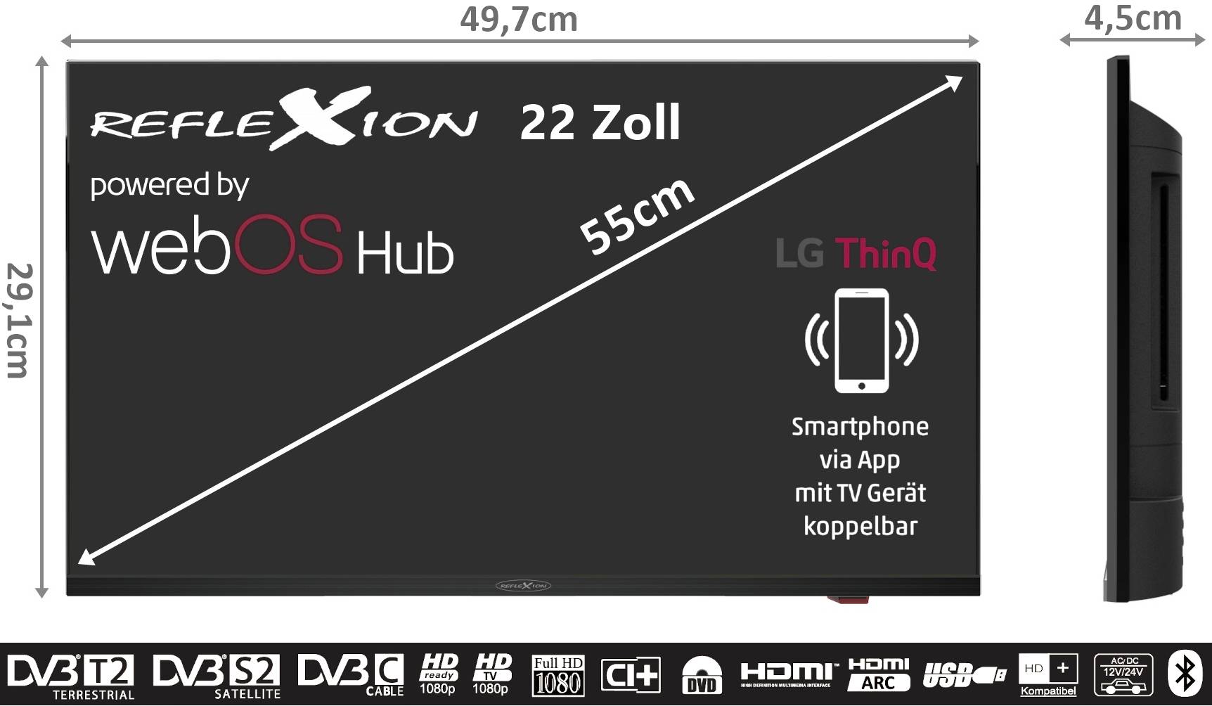 'Reflexion 22palcový televizor, 49,7 x 29,1 x 4,5 cm, úhlopříčka obrazovky 55 cm. S technologií LG ThinQ a propojením se smartphonem.'