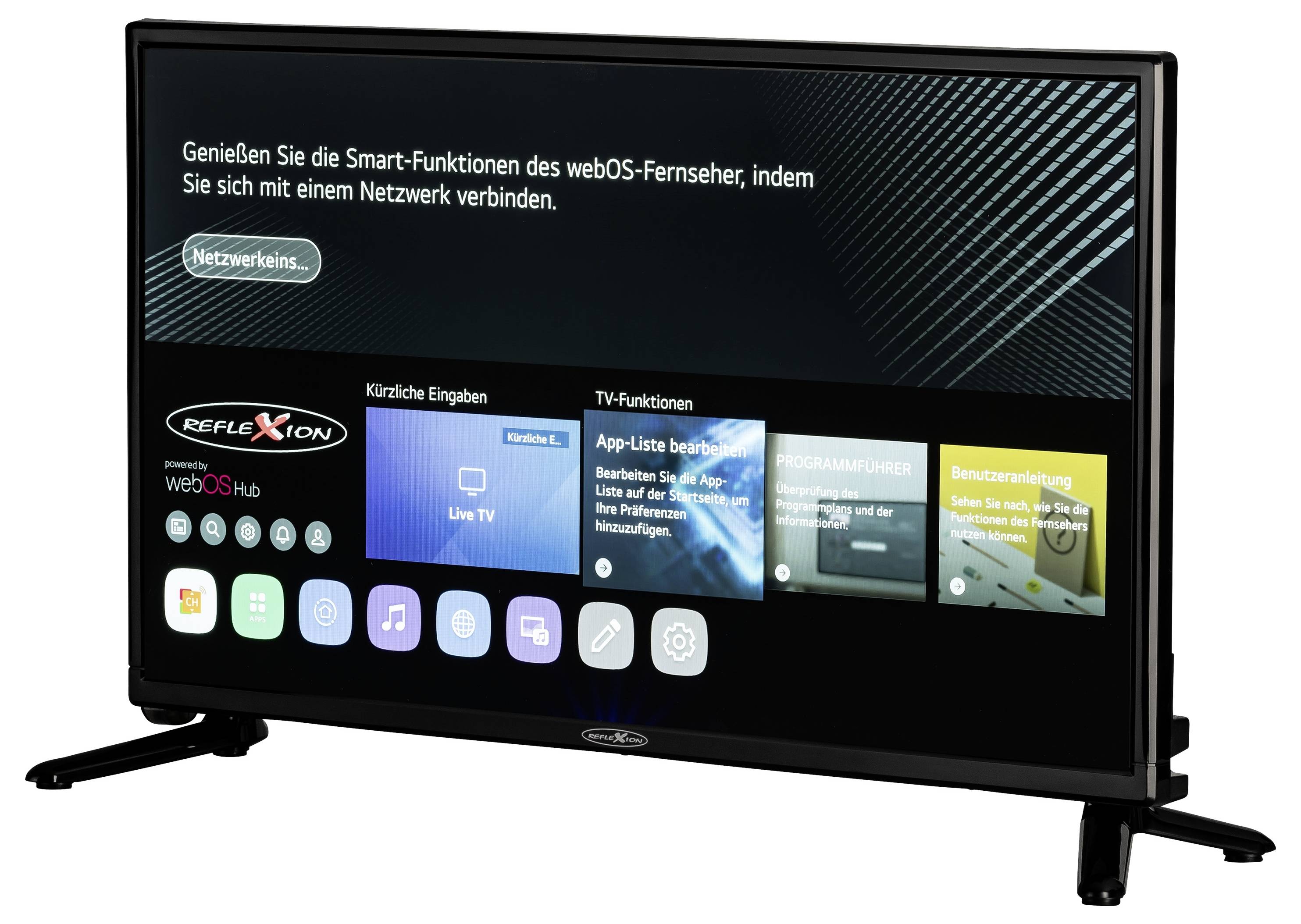Televizor s menu na obrazovce. Nahoře stojí: 'Užijte si chytré funkce televize s webOS připojením k síti.'