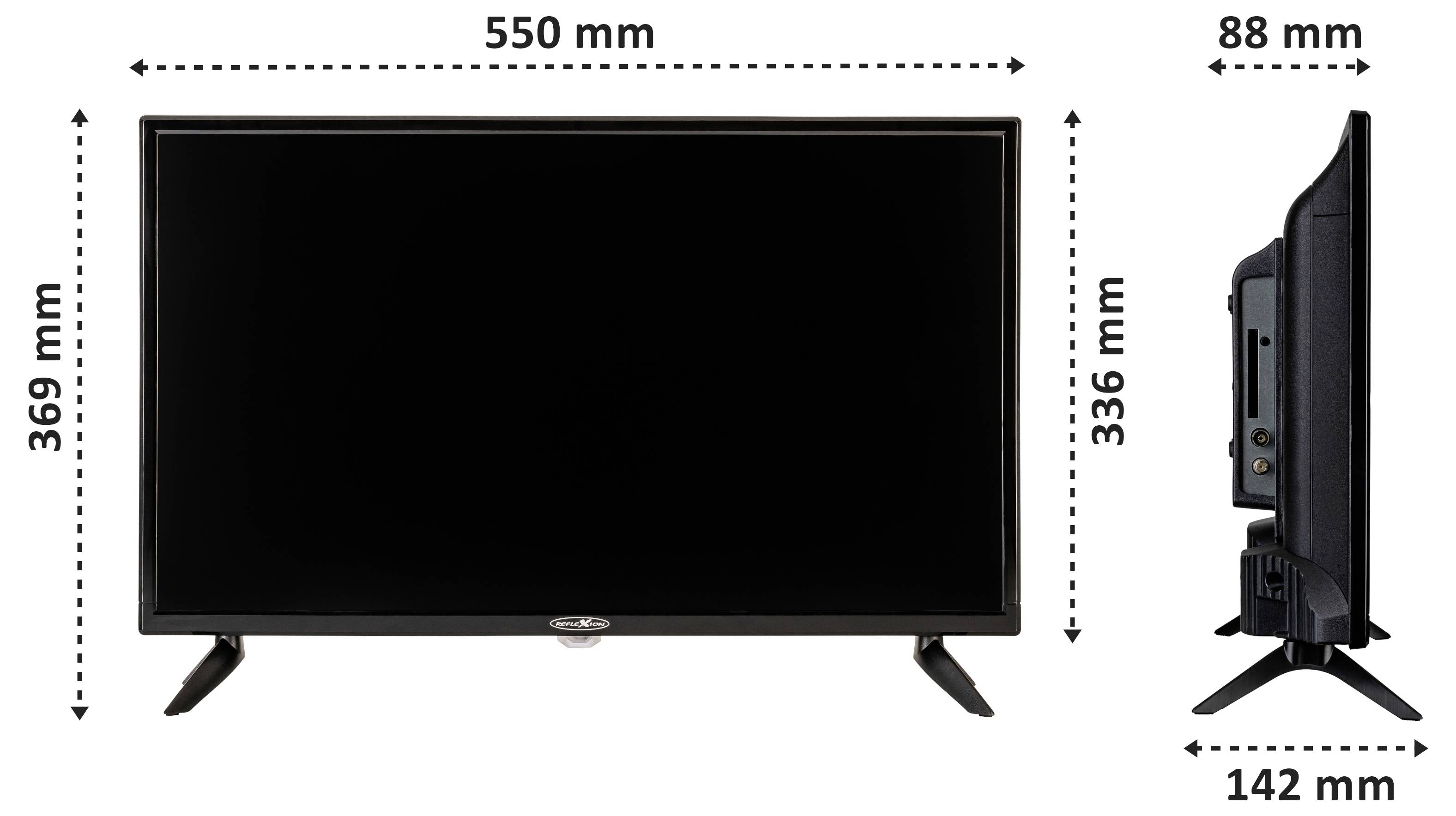 Diagram televizoru s plochou obrazovkou zobrazující přední a boční rozměry: šířka 550 mm, výška 369 mm, hloubka 88 mm a šířka podstavce 142 mm.