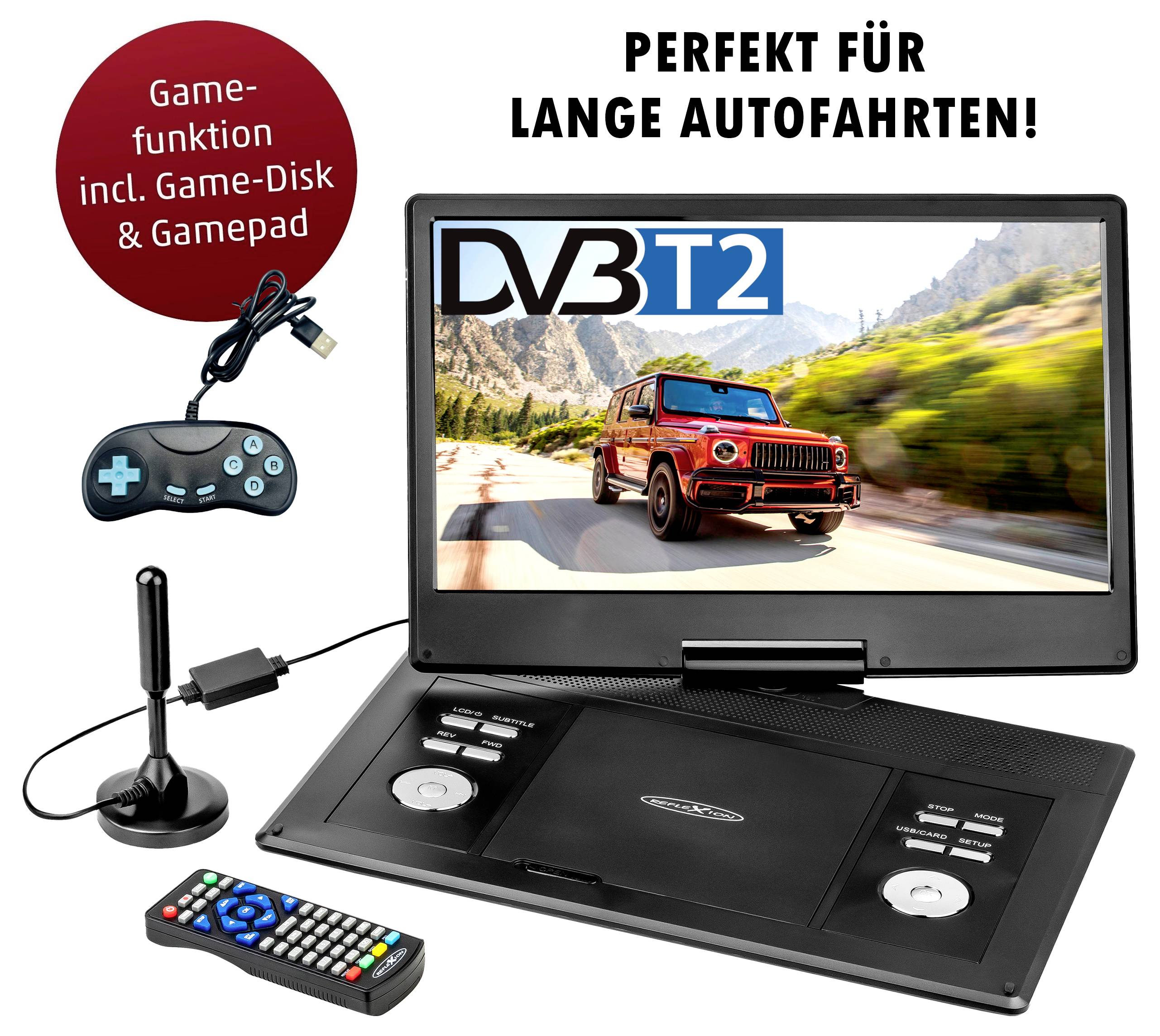 Přenosný DVD přehrávač s obrazovkou, zobrazuje auto a 'DVB T2'; příslušenství: gamepad, anténa a dálkové ovládání. Text: 'Ideální pro dlouhé cesty autem!'