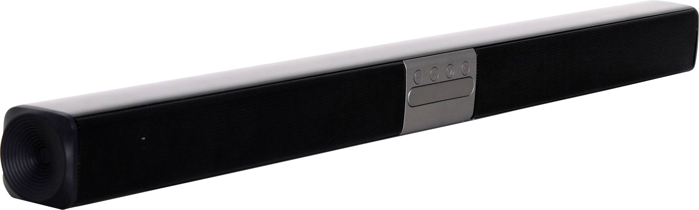Černý soundbar se stříbrným ovládacím panelem uprostřed, štíhlý design, určený ke zlepšení kvality zvuku u televizorů.