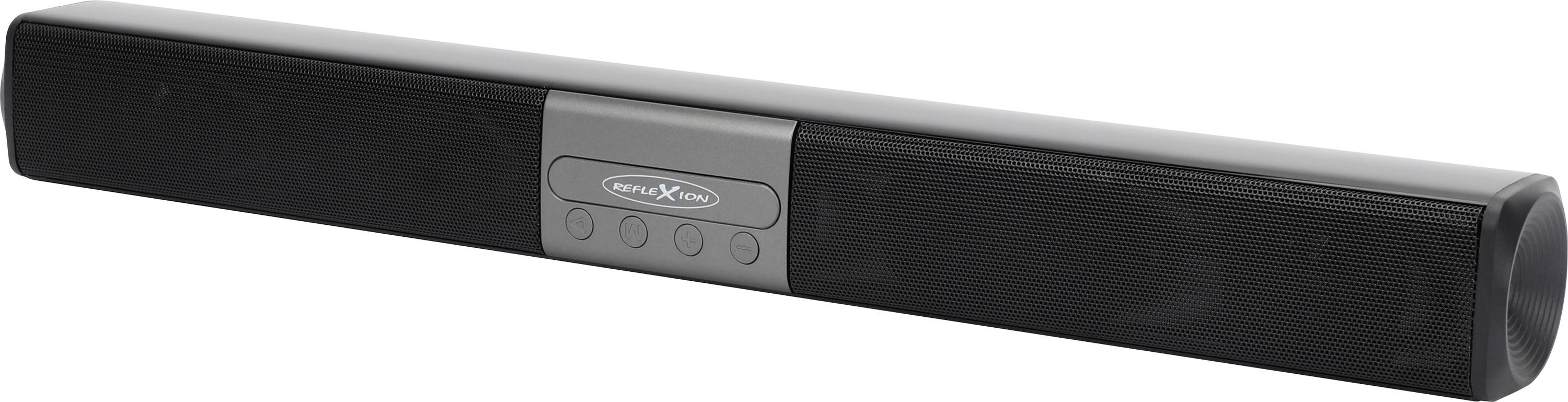 Černý soundbar se šedým středním dílem a čtyřmi tlačítky, vhodný pro audio výstup v domácích kinech nebo multimediálních aplikacích.