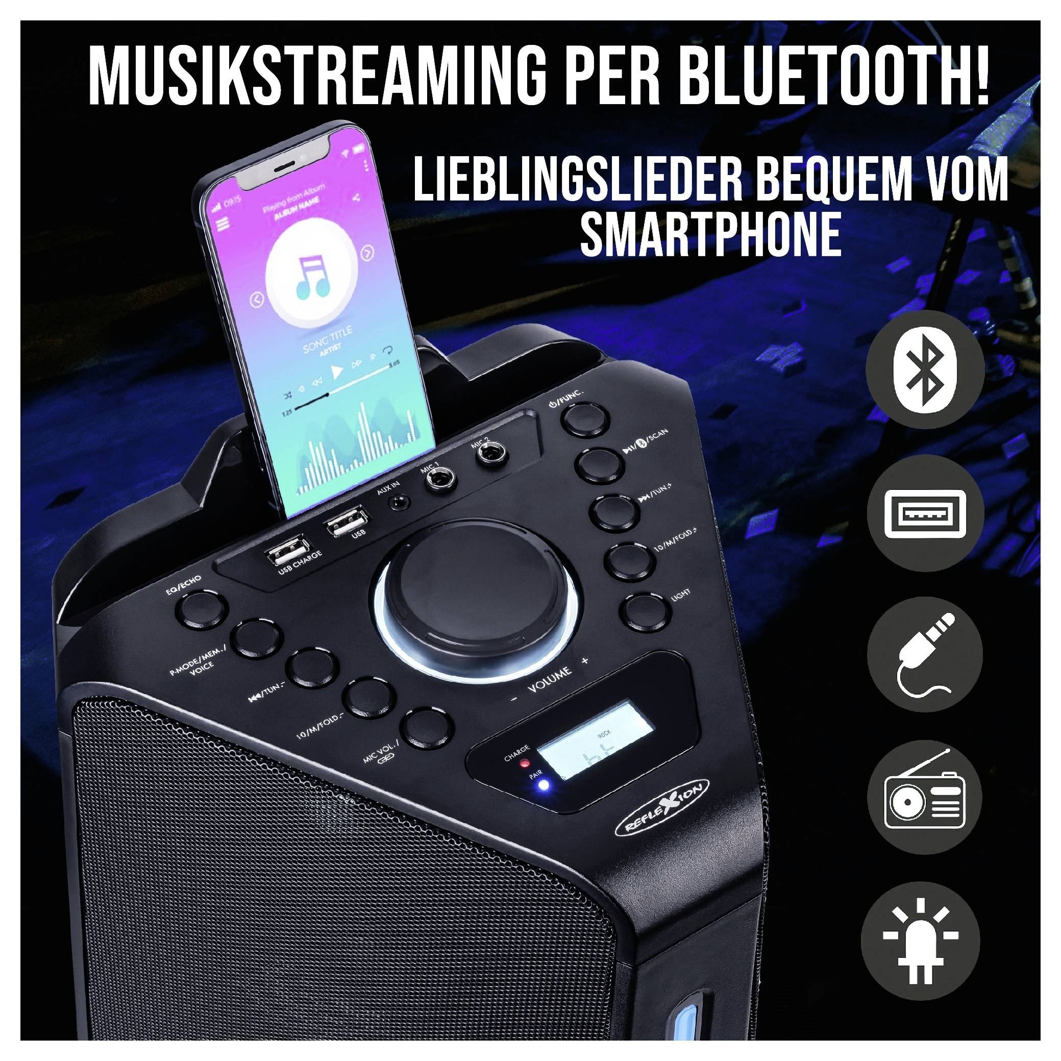 Reklamní grafika přenosného reproduktoru se smartphonem: 'Hudební streaming přes Bluetooth!' a 'Oblíbené skladby pohodlně ze smartphonu'; Symboly pro Bluetooth, USB, kabel, rádio a osvětlení.