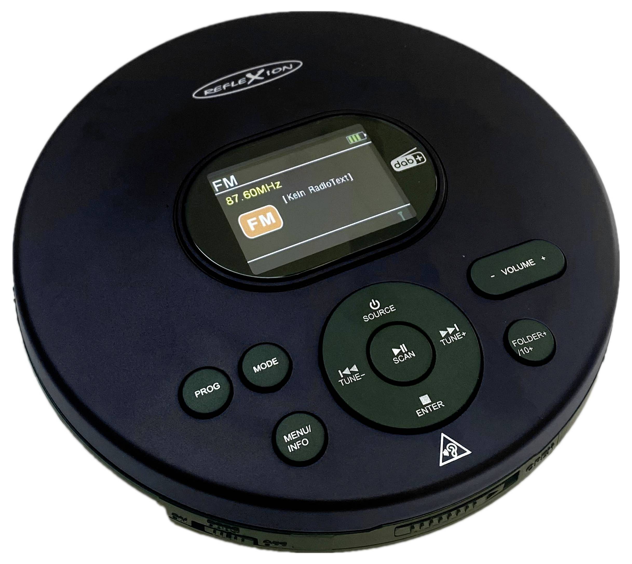 Přenosný černý CD přehrávač s displejem zobrazujícím 'FM 87.50MHz'. Jsou viditelné ovládací tlačítka pro hlasitost, ladění a výběr zdroje.