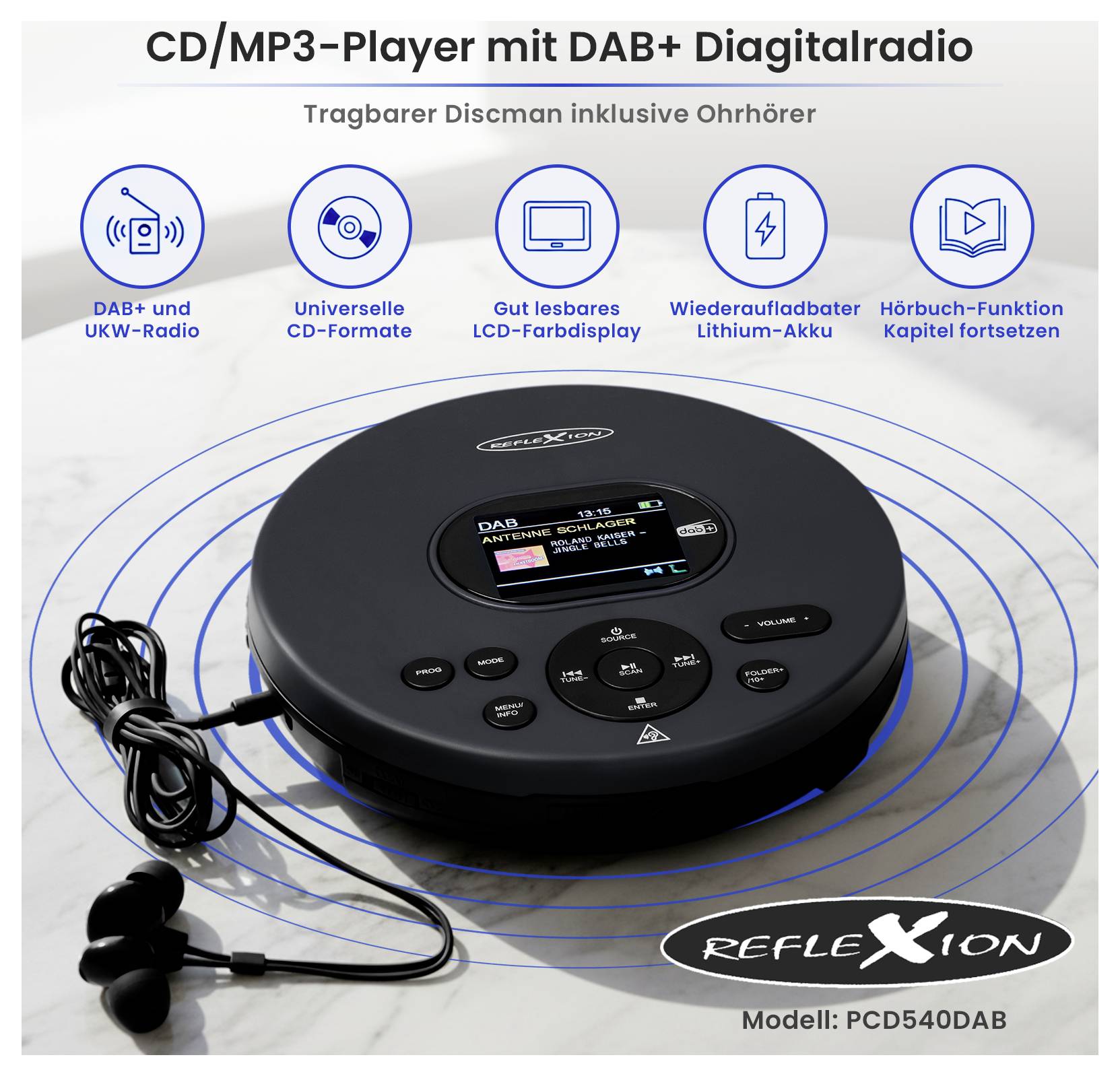 Kulatý přenosný přehrávač CD/MP3 s digitálním rádiem DAB+, displejem a sluchátky; propagovaný s nabíjecím lithiovým akumulátorem a funkcí pro poslech audioknih.