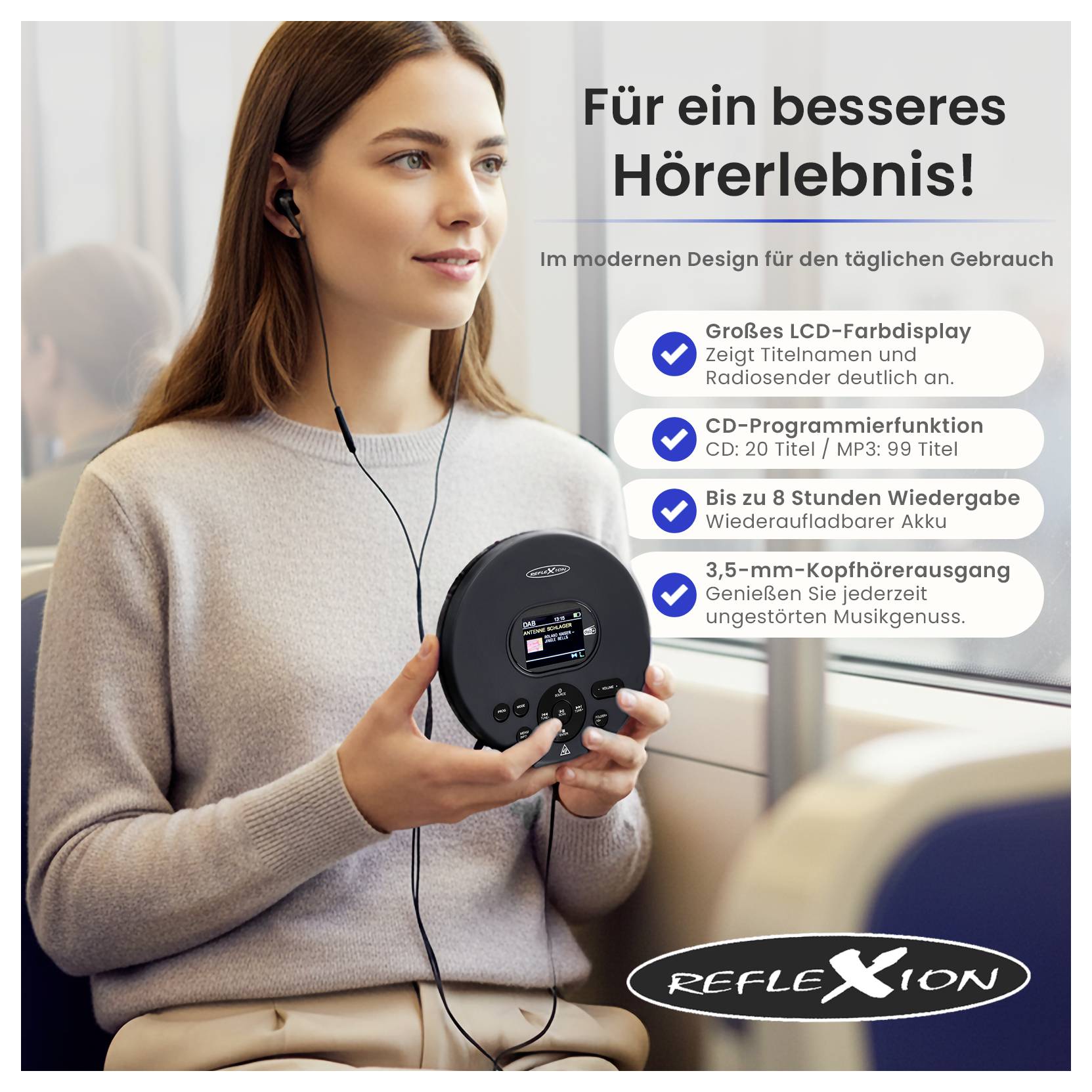 Reklama na přenosný CD přehrávač se sluchátky; žena drží zařízení. Text zmiňuje barevný LCD displej, CD program, 8 hodin baterie a 3,5mm výstup pro sluchátka.