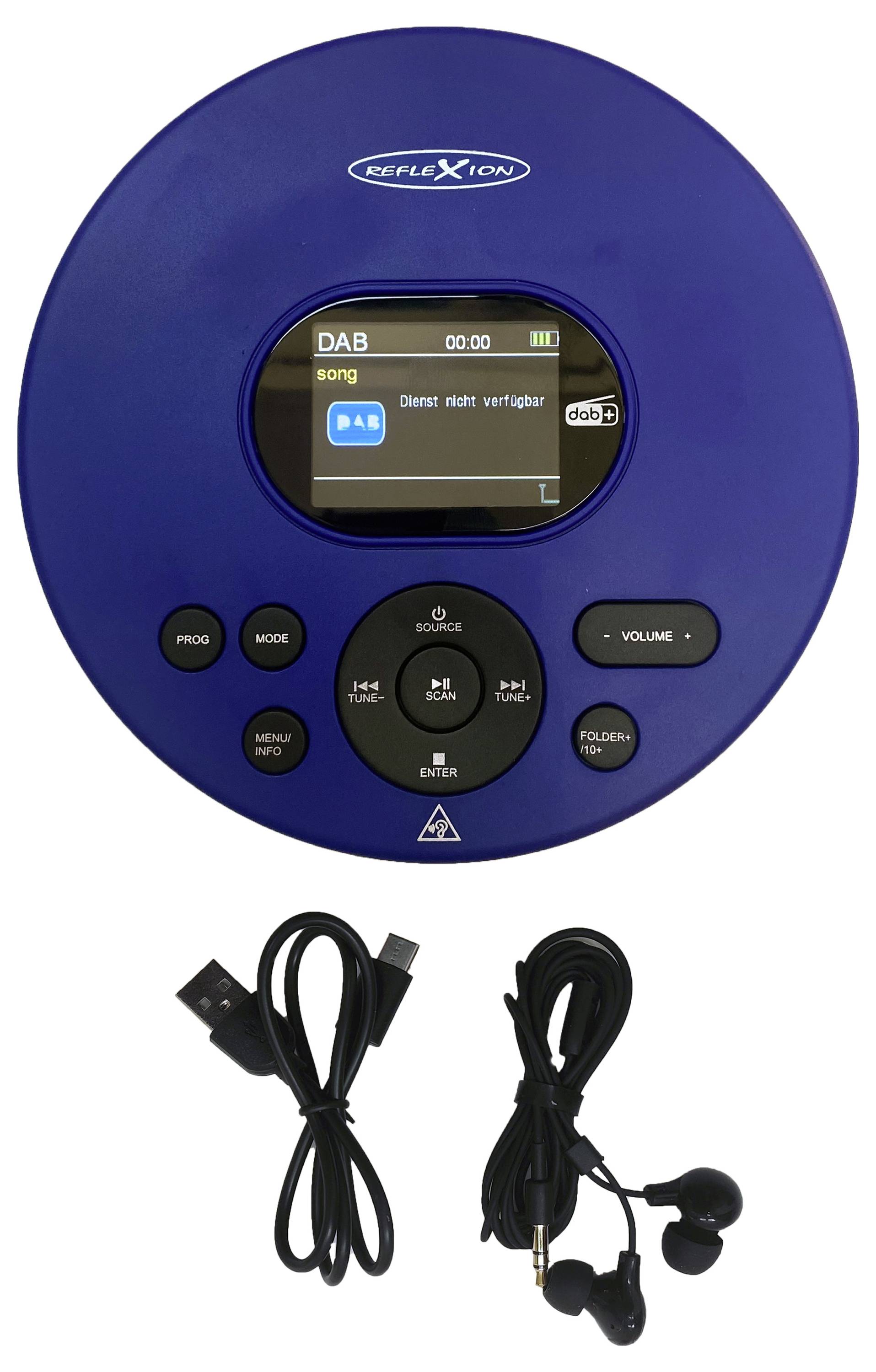 Kompaktní přehrávač CD značky 'Reflexion' s digitálním displejem zobrazujícím 'DAB' a 'Služba není k dispozici'. Součástí balení jsou sluchátka a USB kabel.