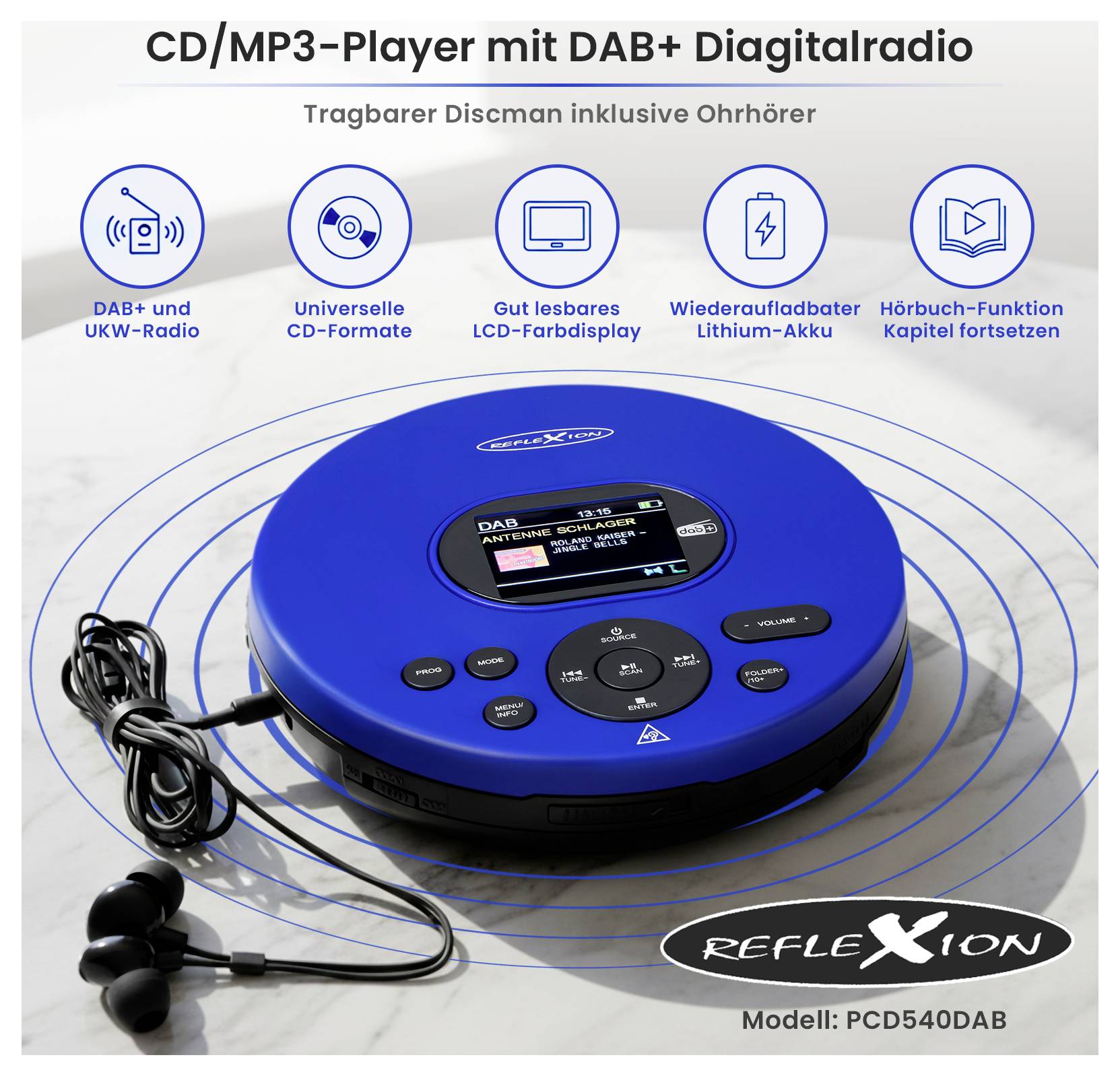 Modrý přenosný přehrávač CD/MP3 s DAB+-digitálním rádiem, LCD displejem a sluchátky; propagován s baterií, FM-rádiem a funkcí audioknih.