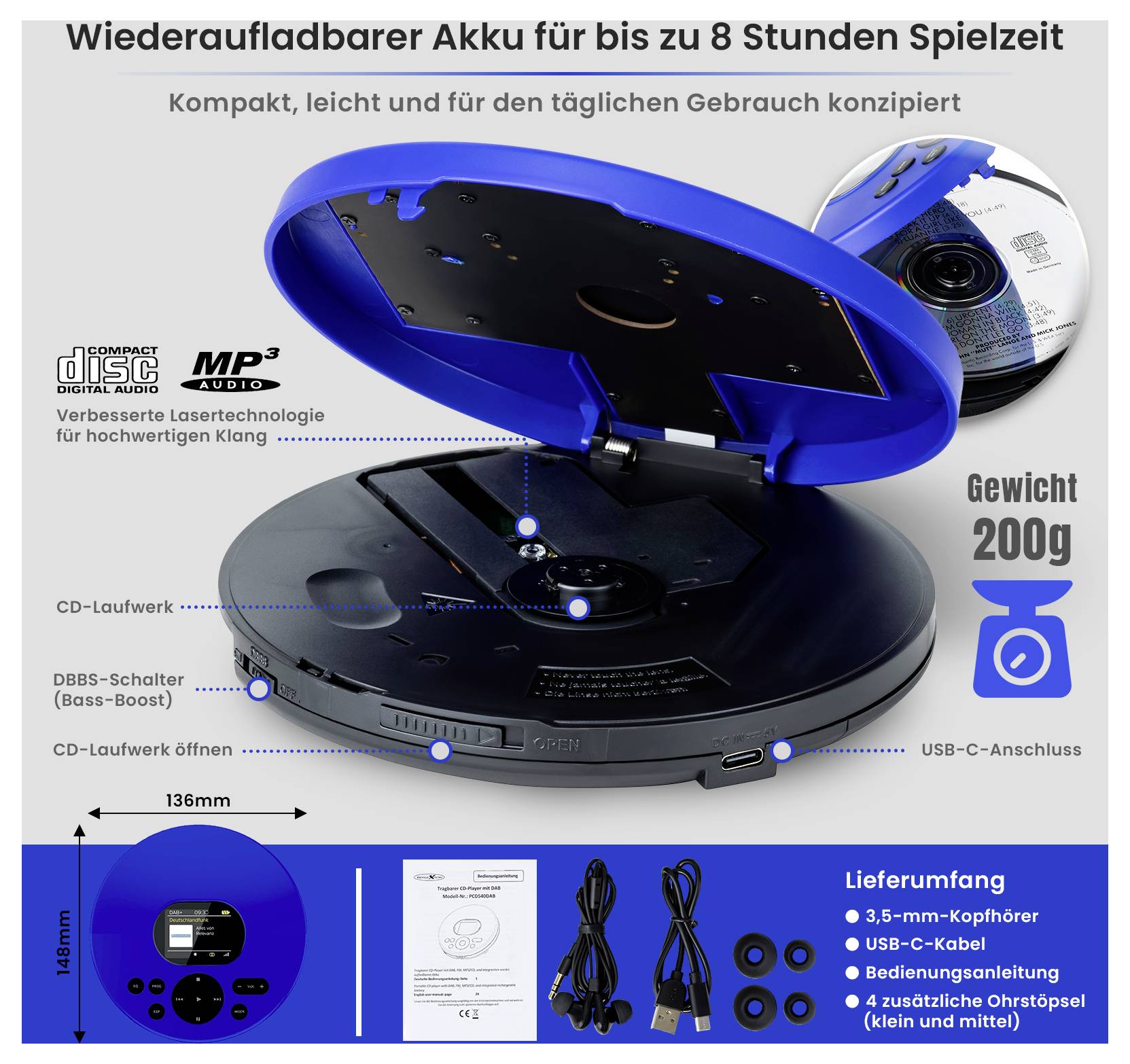 Přenosný přehrávač CD s překlopitelným víkem, doba provozu na baterii 8 hodin, váha 200 g, přípojka USB-C a balení obsahující kabel, návod a sluchátka.