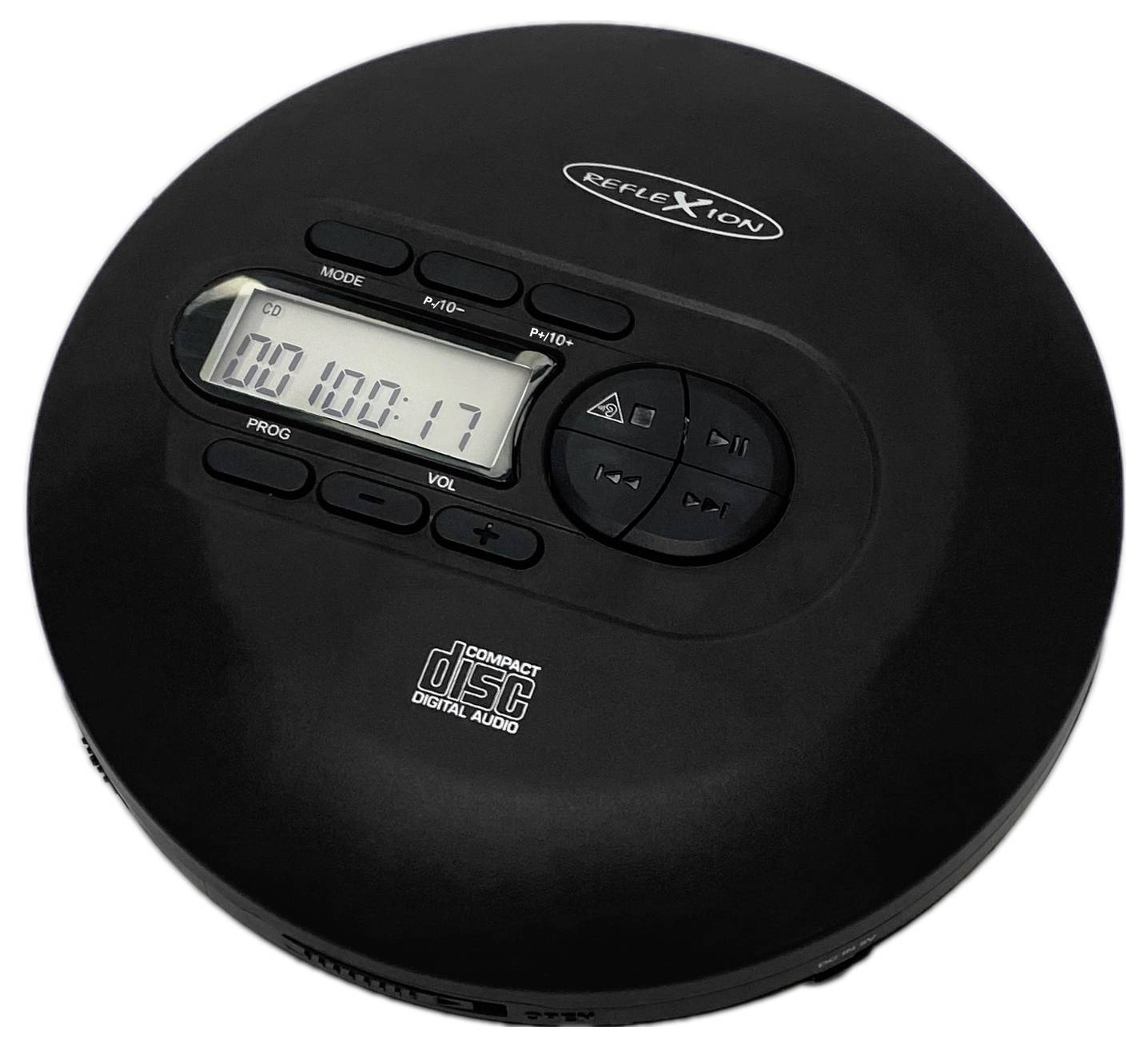 Přenosný CD přehrávač na bílém pozadí. Display ukazuje '00:00:17'. Jsou rozpoznatelná tlačítka pro přehrávání, zastavení a hlasitost.