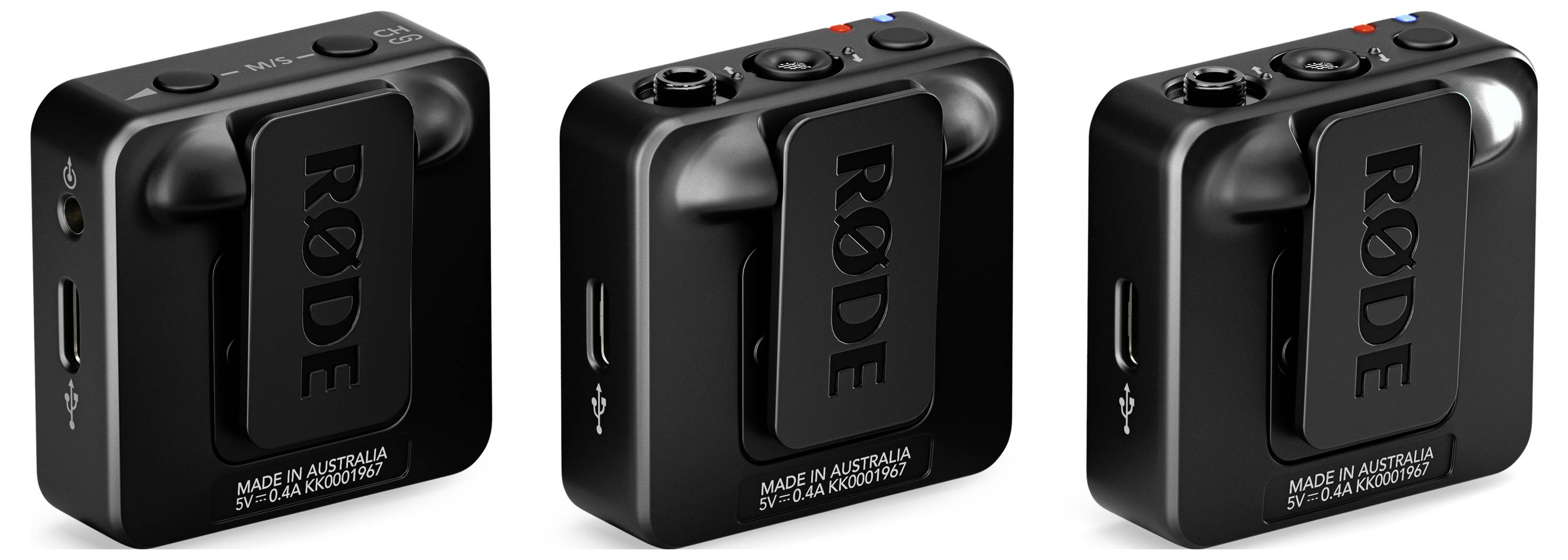 Tři černé bezdrátové mikrofony značky Rode umístěné vedle sebe. Mají kompaktní design s viditelným USB portem.