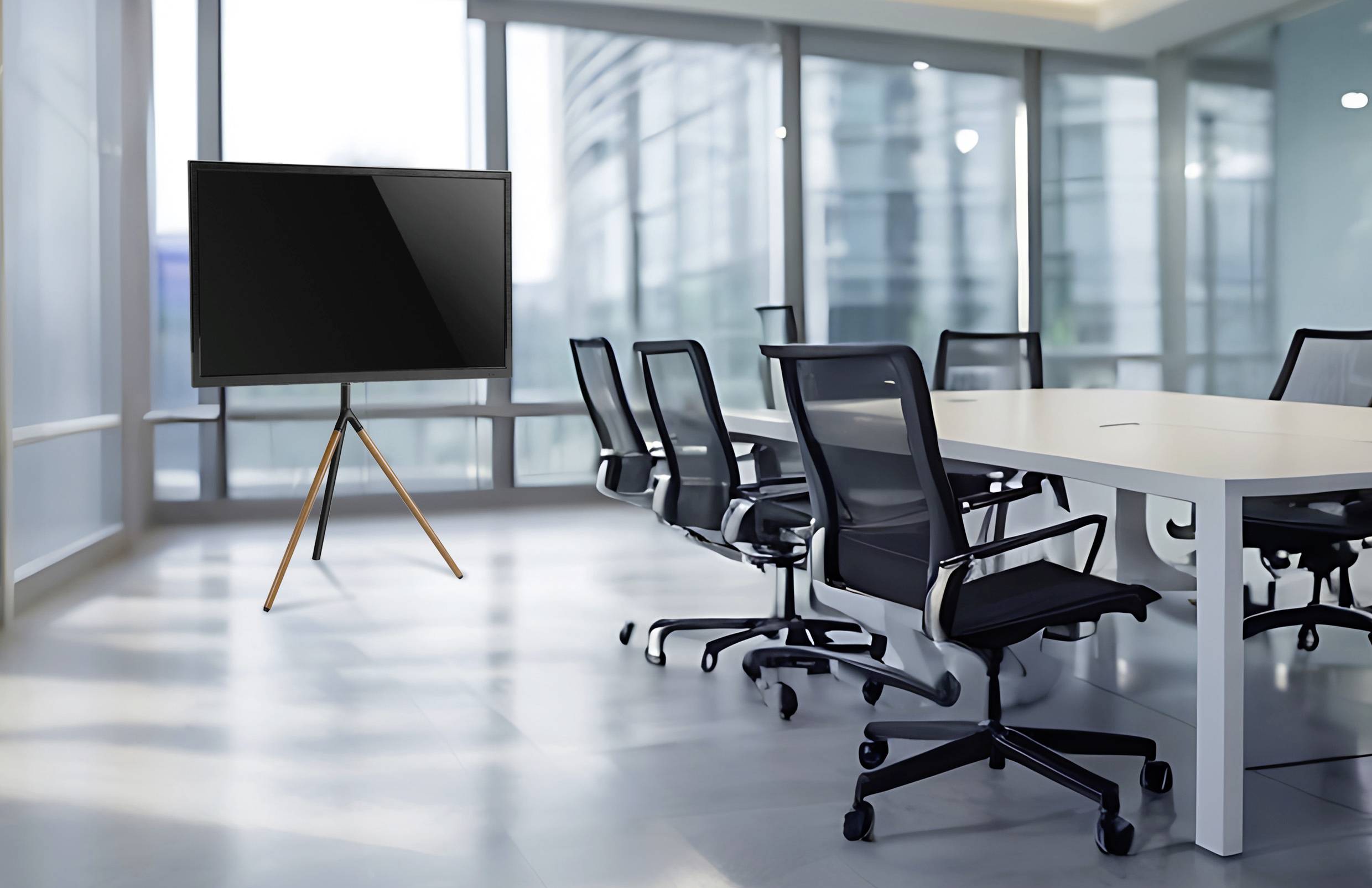 Moderní, prázdná konferenční místnost se stolem, několika kancelářskými židlemi a velkým monitorem na stojanu.