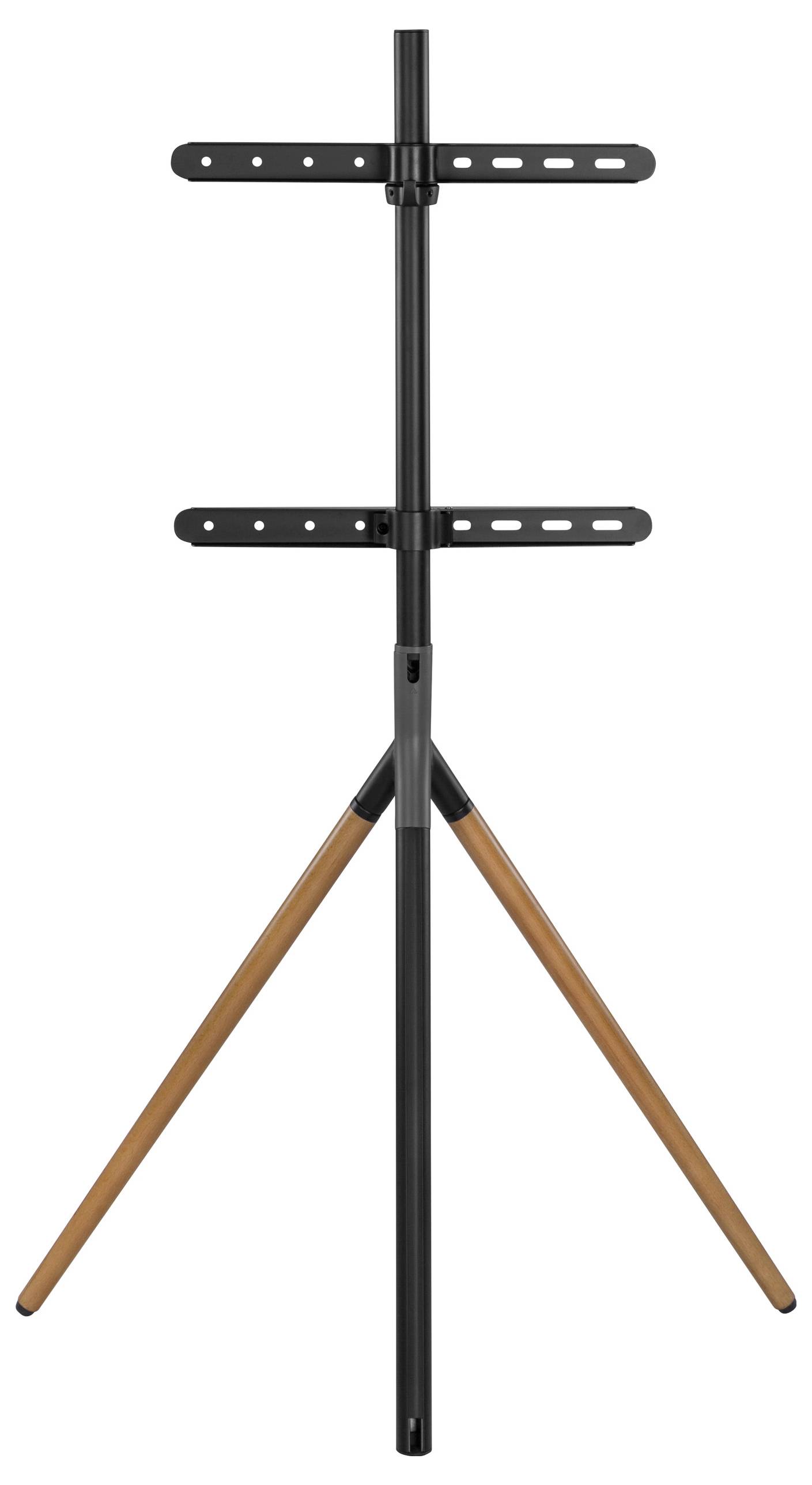 Černý stojan s dřevěnýma nohama, vhodný pro umístění televize nebo monitoru.