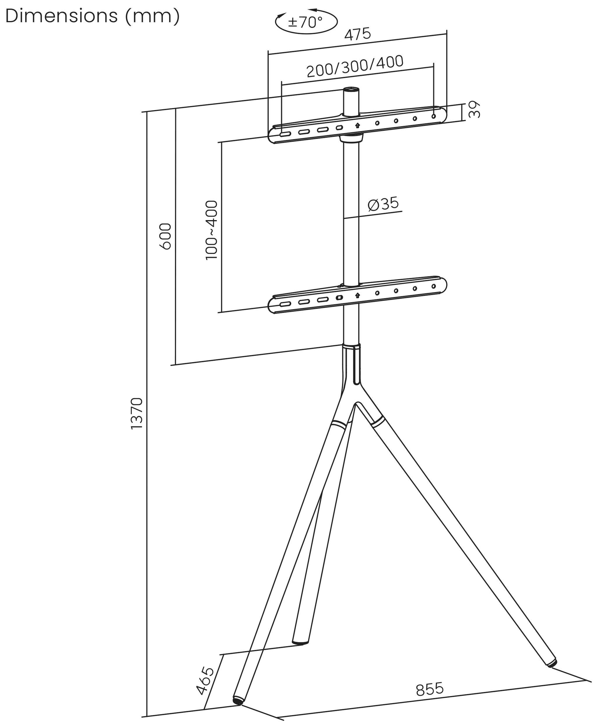 Technický výkres stojanu s rozměry: výška 1370 mm, šířka 475 mm nahoře, hloubka 855 mm. Nastavitelný náklon ±70°.