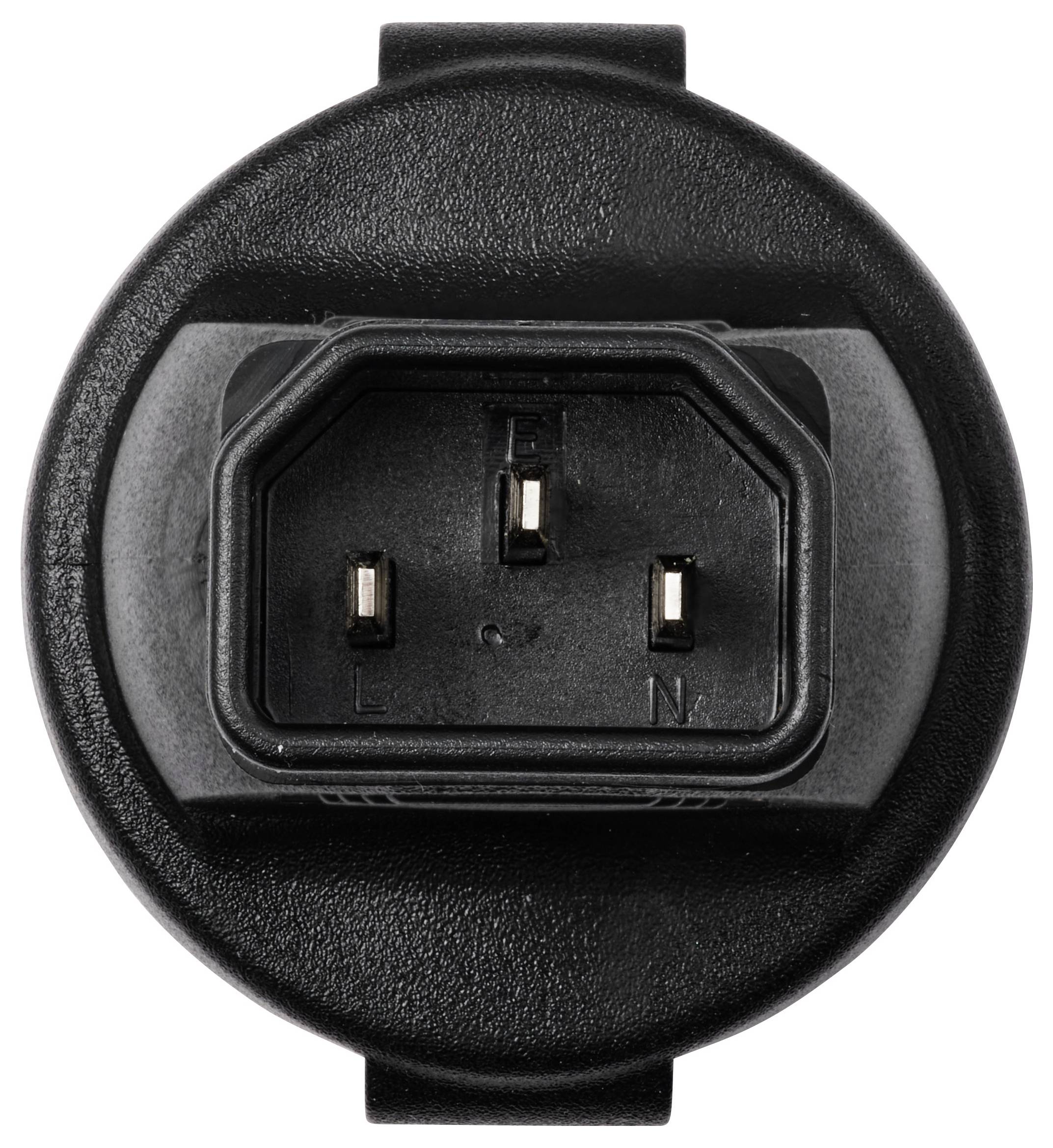 Kulatý černý elektrický modul zásuvky se třemi kovovými kolíky, označený písmeny 'E', 'N', 'L', určený pro elektrické připojení.