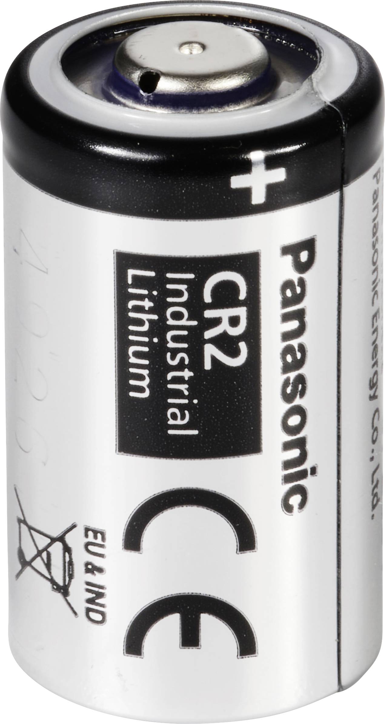 Lithiová baterie CR2 s nápisem 'Panasonic', 'Industrial Lithium' a značkou CE na straně.