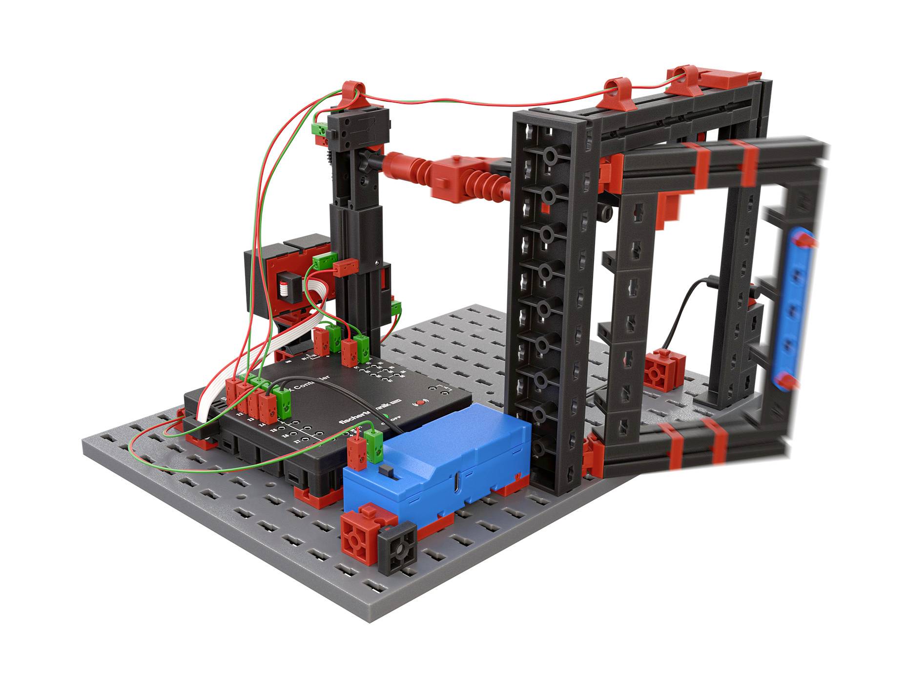 Výukový robotický stavebnicový set s řízením, kabeláží a mechanickými komponenty na základní desce. Vyvinut pro technické vzdělávání.