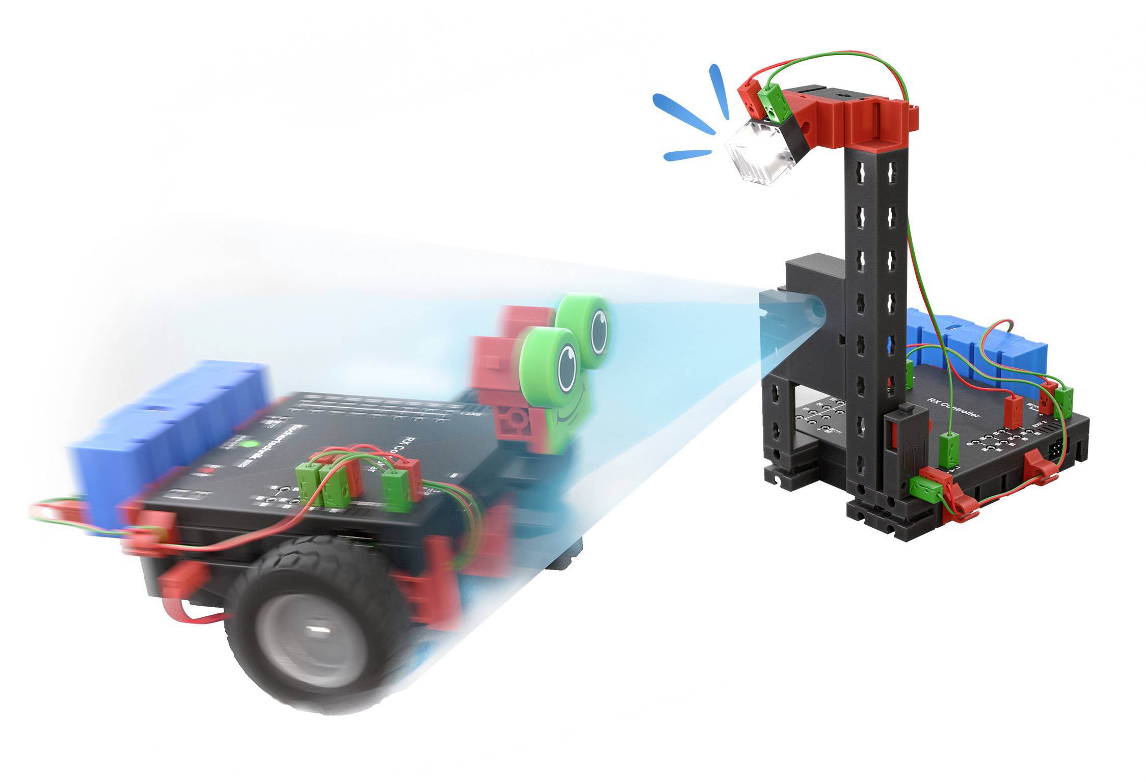 Robotické auto s čidlem využívá světelné paprsky pro detekci překážek. Stálo na bílém povrchu a prezentuje technologii.