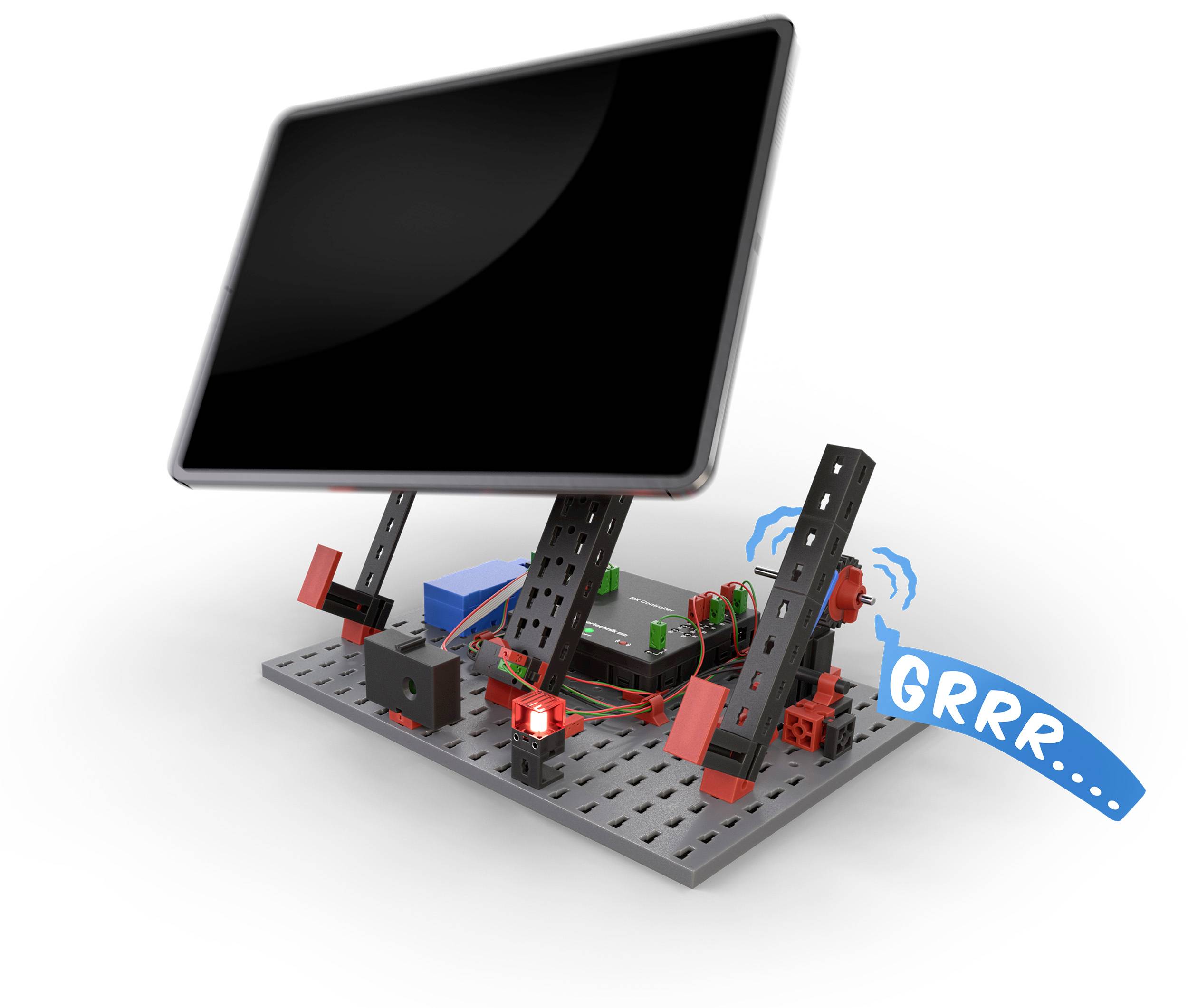 Tablet na mechanickém stojanu s motory, které způsobují vibrace. Zvukový efekt 'GRRR...' naznačuje pohyb.