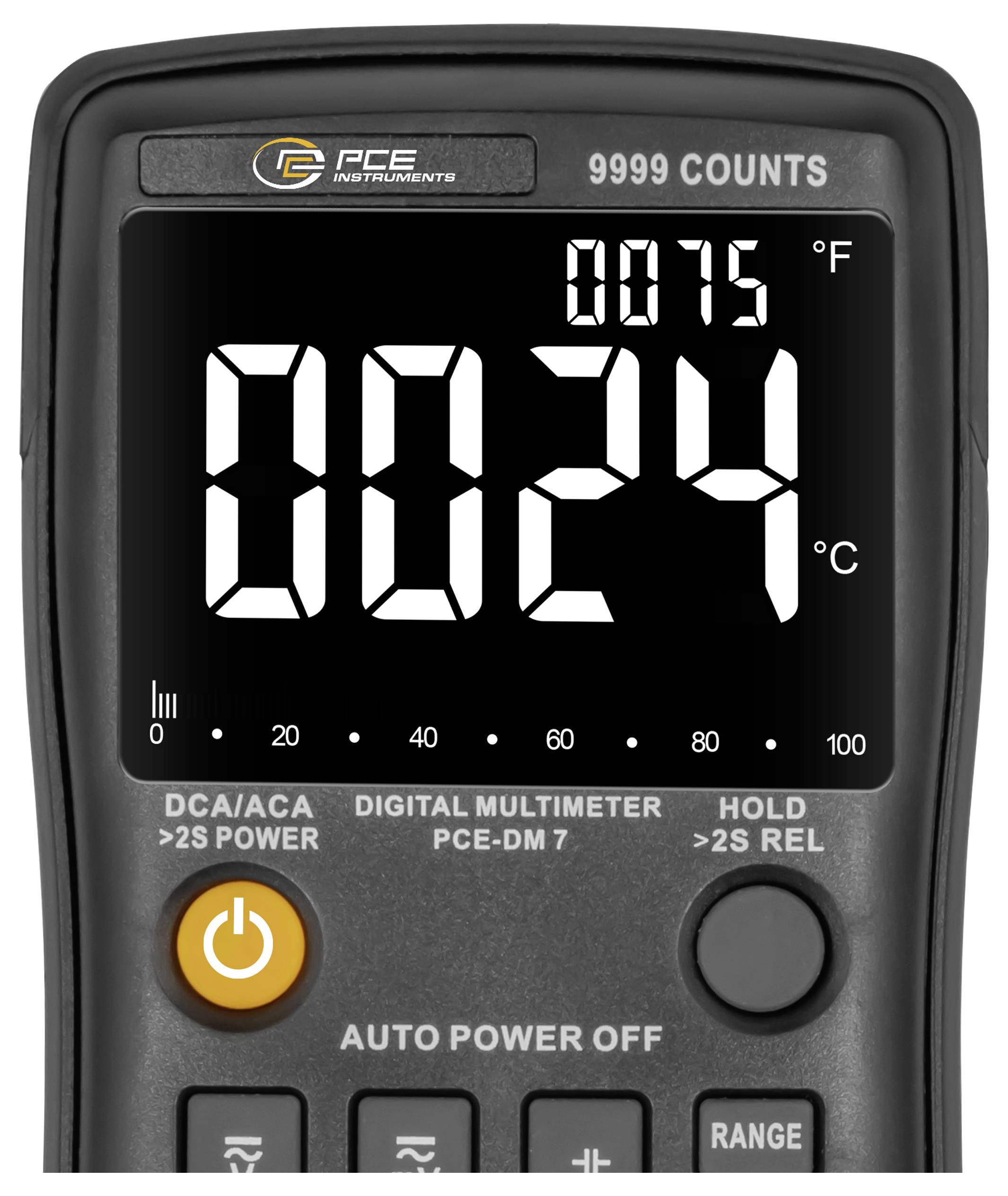Digitální multimetr zobrazující 24°C a 75°F na měřiči PCE Instruments.
