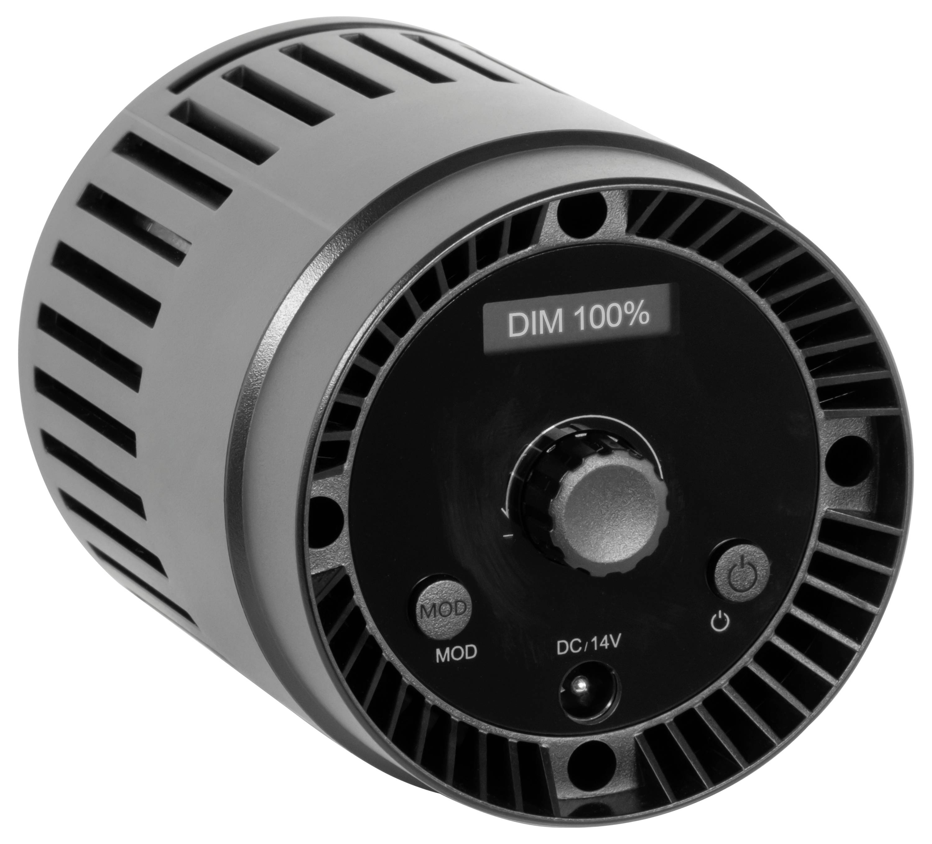 Detailní pohled na válcové stmívací ovládání s centrálním otočným knoflíkem, označené "DIM 100%", "MOD" a "DC/14V", zobrazené na bílém pozadí.