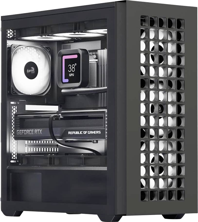 Černá počítačová skříň stolního počítače s viditelnými komponenty skrze průhledný boční panel. Obsahuje chladicí ventilátor, chladič CPU zobrazující '38° CPU' a grafickou kartu s označením 'GEFORCE RTX'.