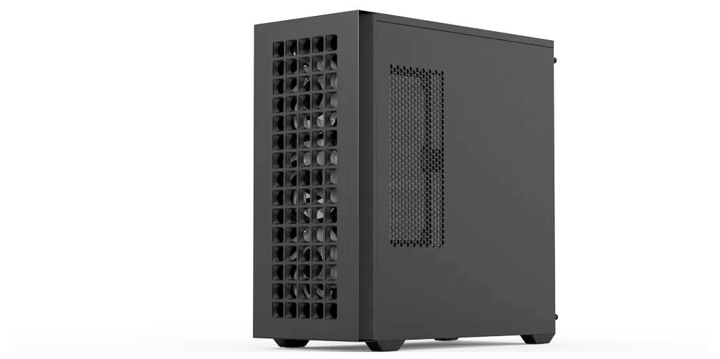 Černý počítačový skříňový systém s perforovaným předním panelem a bočním ventilačním síťovým krytem, zobrazený na jednoduchém bílém pozadí.
