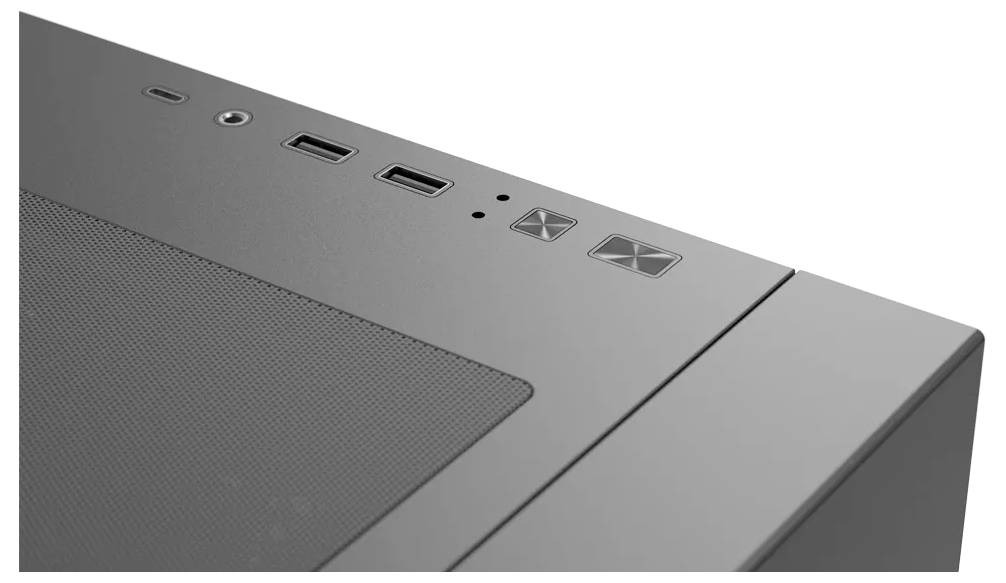 Pohled shora na počítačovou skříň zobrazující napájecí a resetovací tlačítka, USB porty a větrací mřížku pro proudění vzduchu.