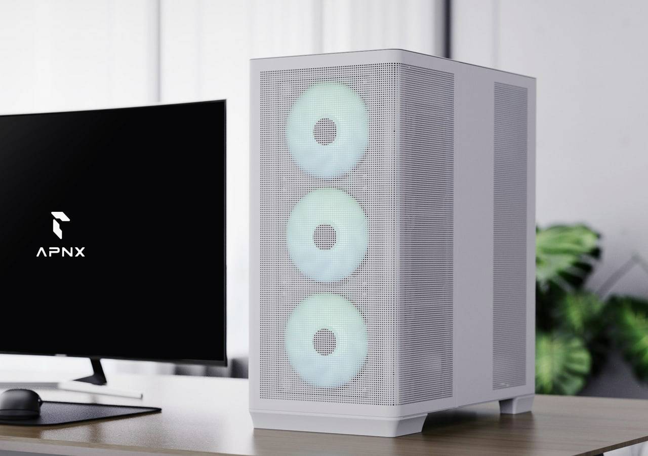 Bílá počítačová skříň s osvětlenými ventilátory na stole vedle monitoru zobrazujícího logo 'APNX'.