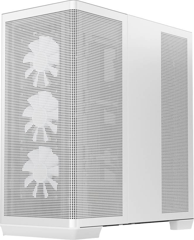 Bílý počítačový věžový kryt s mřížkovou přední stranou, která odhaluje tři chladicí ventilátory umístěné za ní.