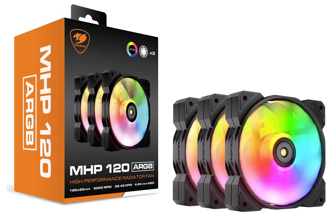 Tři barevné ARGB ventilátory s oranžovým obalem vedle nich, označené nápisem "MHP 120 ARGB High Performance Radiator Fan".
