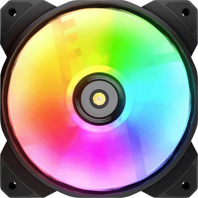 Počítačový ventilátor s osvětlenými, barevně měnícími se LED diodami v RGB spektru. Barvy přecházejí rovnoměrně přes celou plochu.
