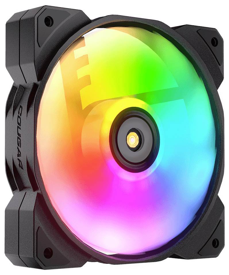 Počítačový větrák skříně s RGB osvětlením v barvách duhy, namontovaný v černošedém rámu.