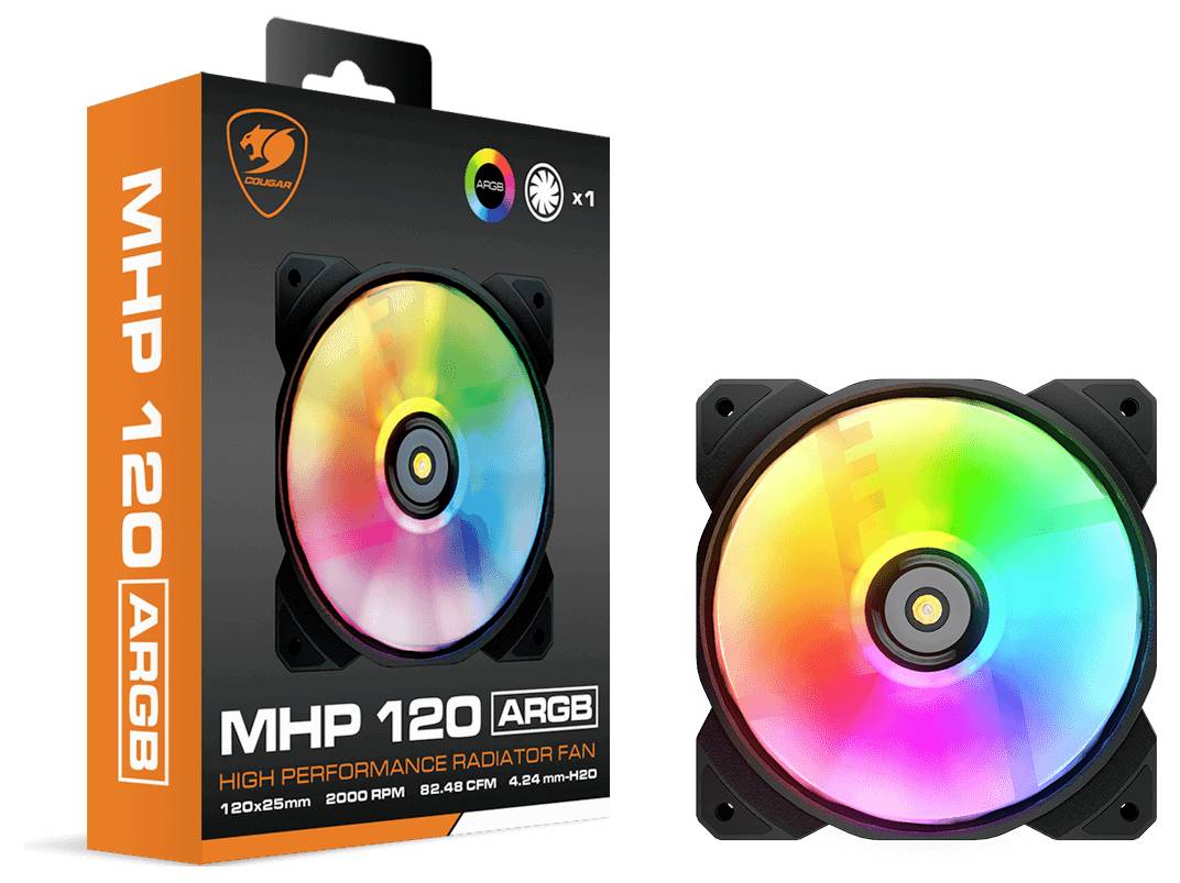 Ventilátor pro počítač s RGB podsvícením v obalu. Model 'MHP 120 ARGB', vhodný pro vysoce výkonné chladiče.