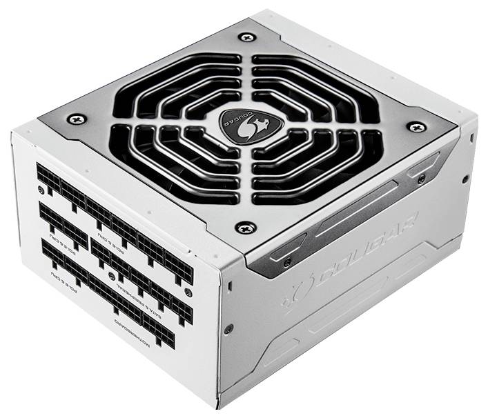 Stříbrný PC zdroj s větracími otvory a několika konektory. Hlavní charakteristikou je logo uprostřed ventilátoru.