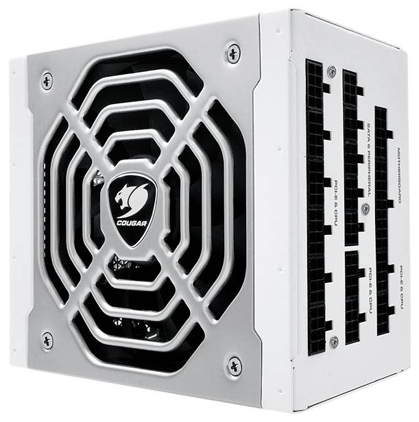 Bílá počítačová jednotka napájecího zdroje s mřížkou ventilátoru vpředu, s logem značky na krytu ventilátoru. Vpravo viditelné konektory pro kabely.