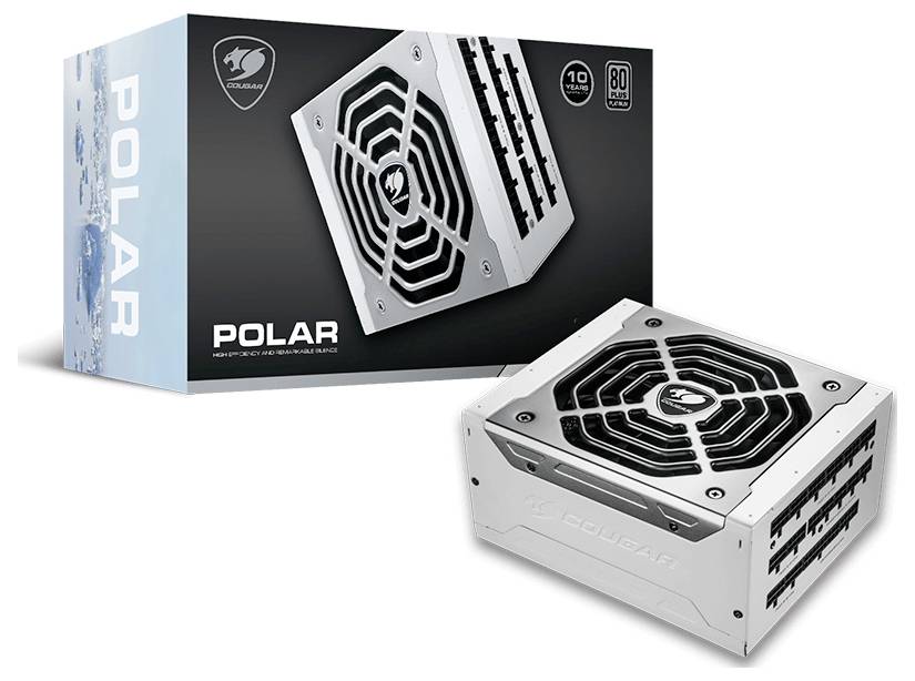Napájecí zdroj a obal značky 'Cougar Polar', vyobrazené s 10letou zárukou a certifikací energetické účinnosti 80 Plus Platinum.