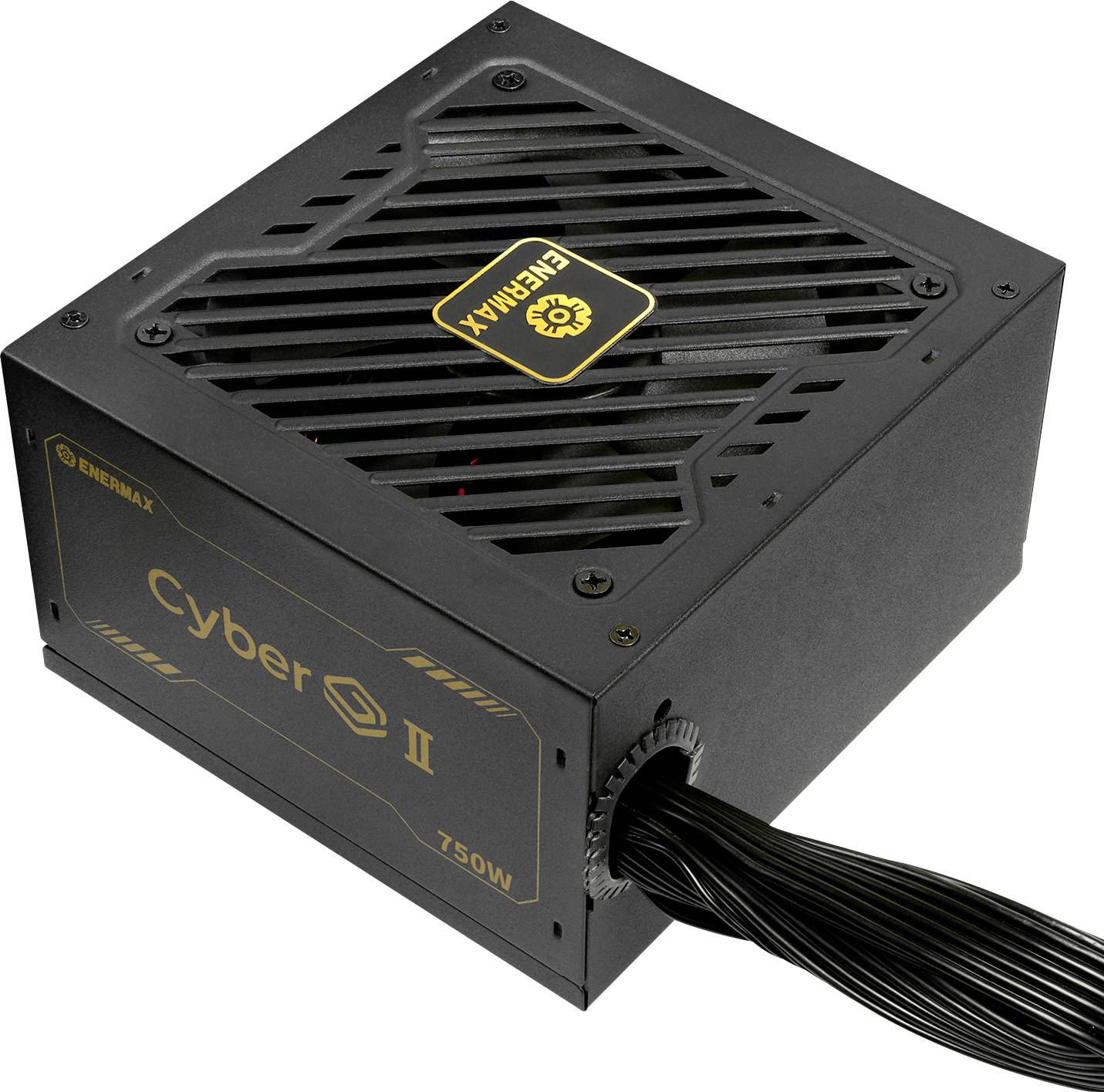 Černý napájecí zdroj Enermax Cyber II 750W s větraným horním krytem a několika černými kabely, určený pro počítačové systémy.