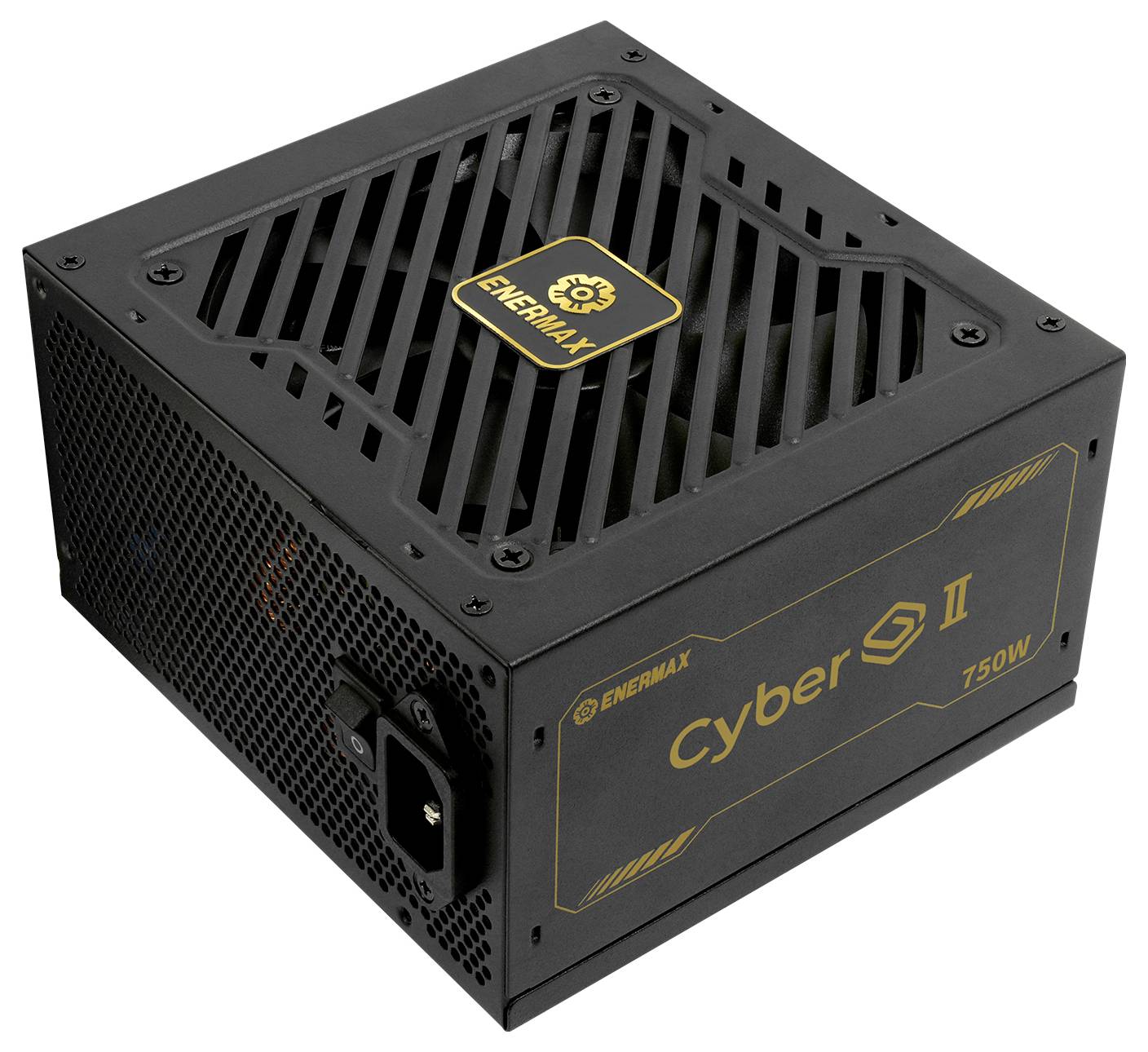 Černý napájecí zdroj Enermax Cyber II 750W s větraným horním krytem, označený nápisem 'ENERMAX' a '750W', s trojzásuvkovou napájecí zástrčkou.