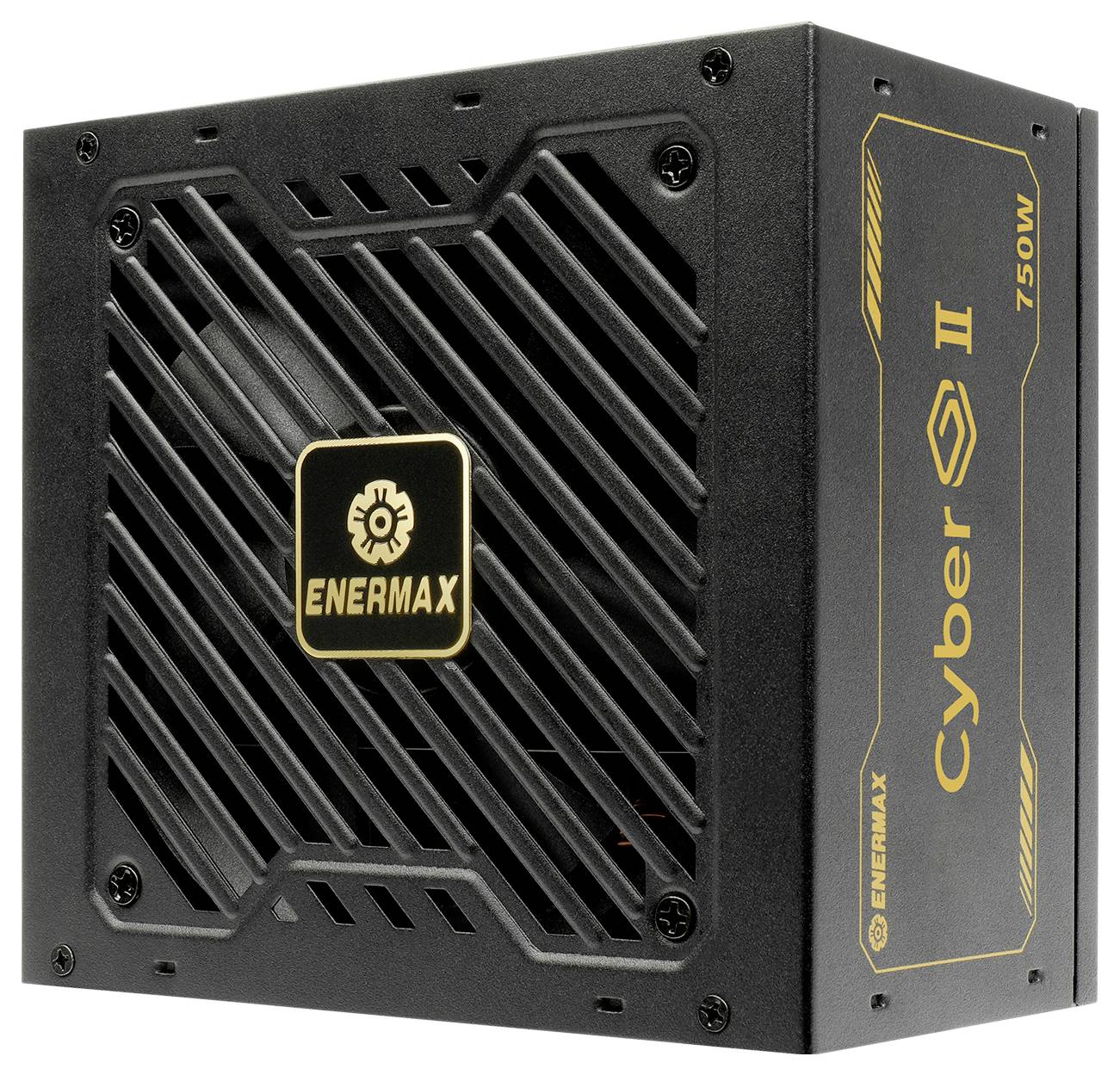 Enermax Cyber II 750W zdroj - Černý počítačový napájecí zdroj s mřížkou a logem Enermax a Cyber II na boku.