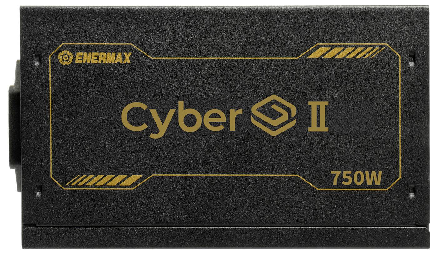 Černá napájecí jednotka Enermax Cyber II o výkonu 750W se zlatými akcenty, která na boku zobrazuje název modelu a kapacitu napájení.