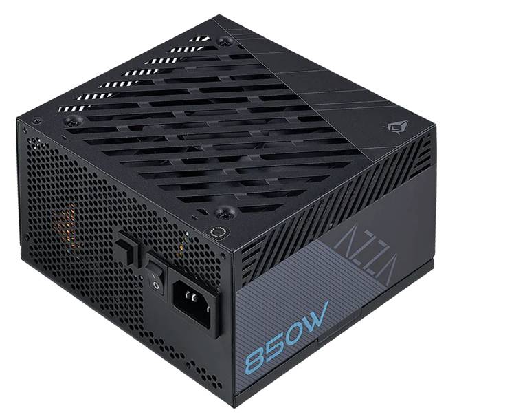 Černá 850W počítačová napájecí jednotka s větracími otvory a modrým štítkem '850W' na boku.