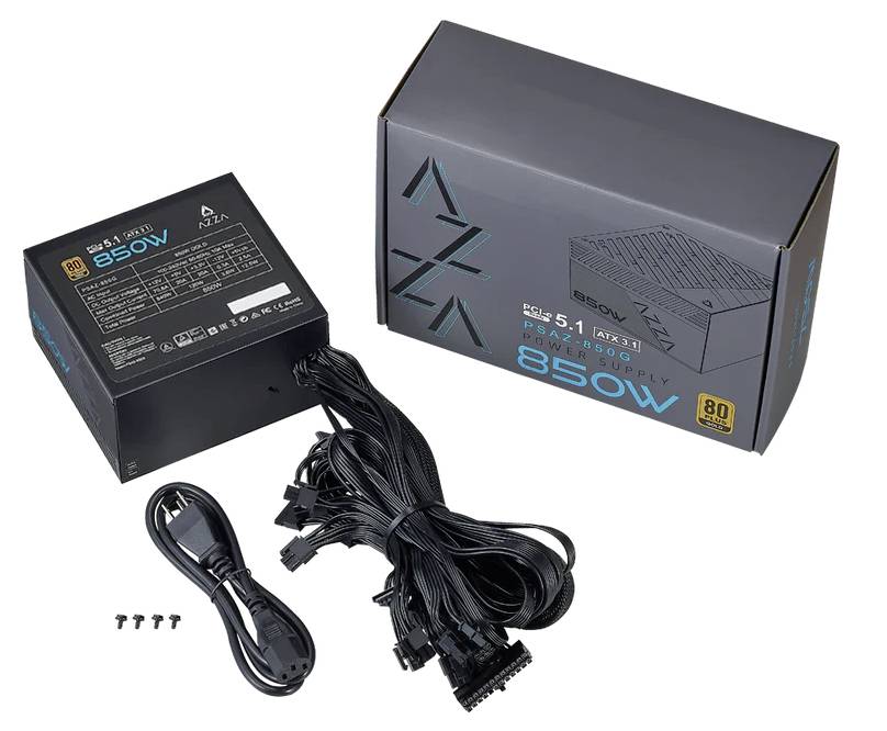 Napájecí zdroj (850W) s kabely a šrouby je umístěn vedle své krabice, označené „80 Plus Gold", což indikuje energetickou účinnost.
